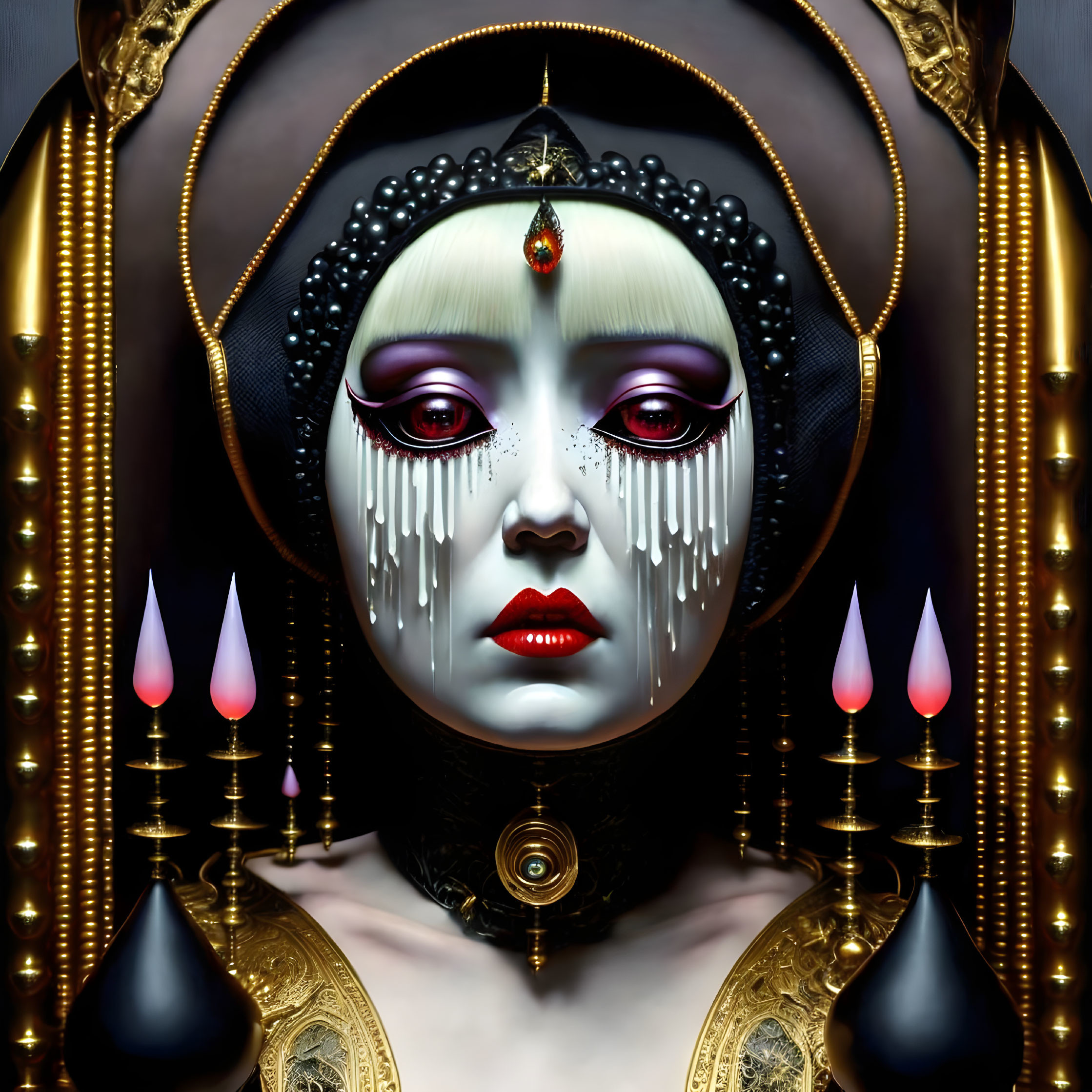 Surreal portrait of pale-skinned female with tear-like trails and ornate headdress against dark