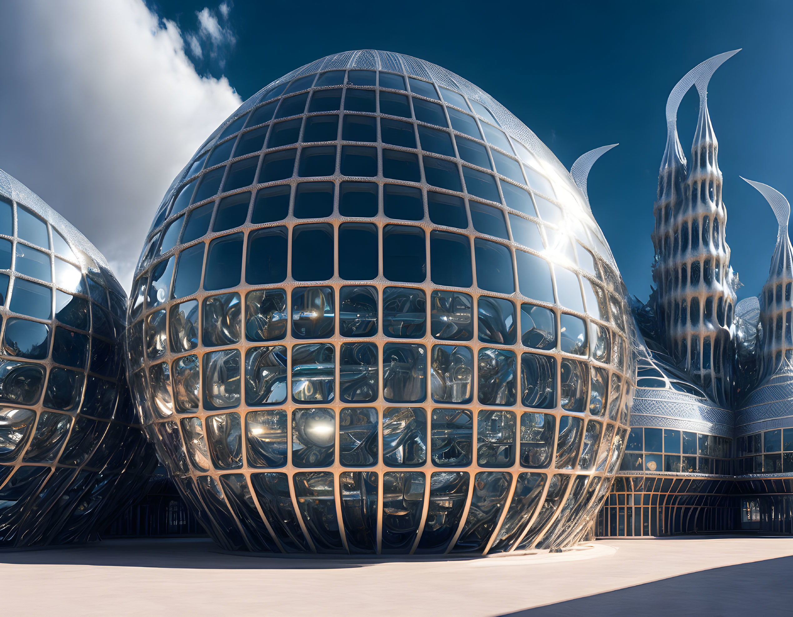 Spherical futuristic architecture in grid pattern under blue sky