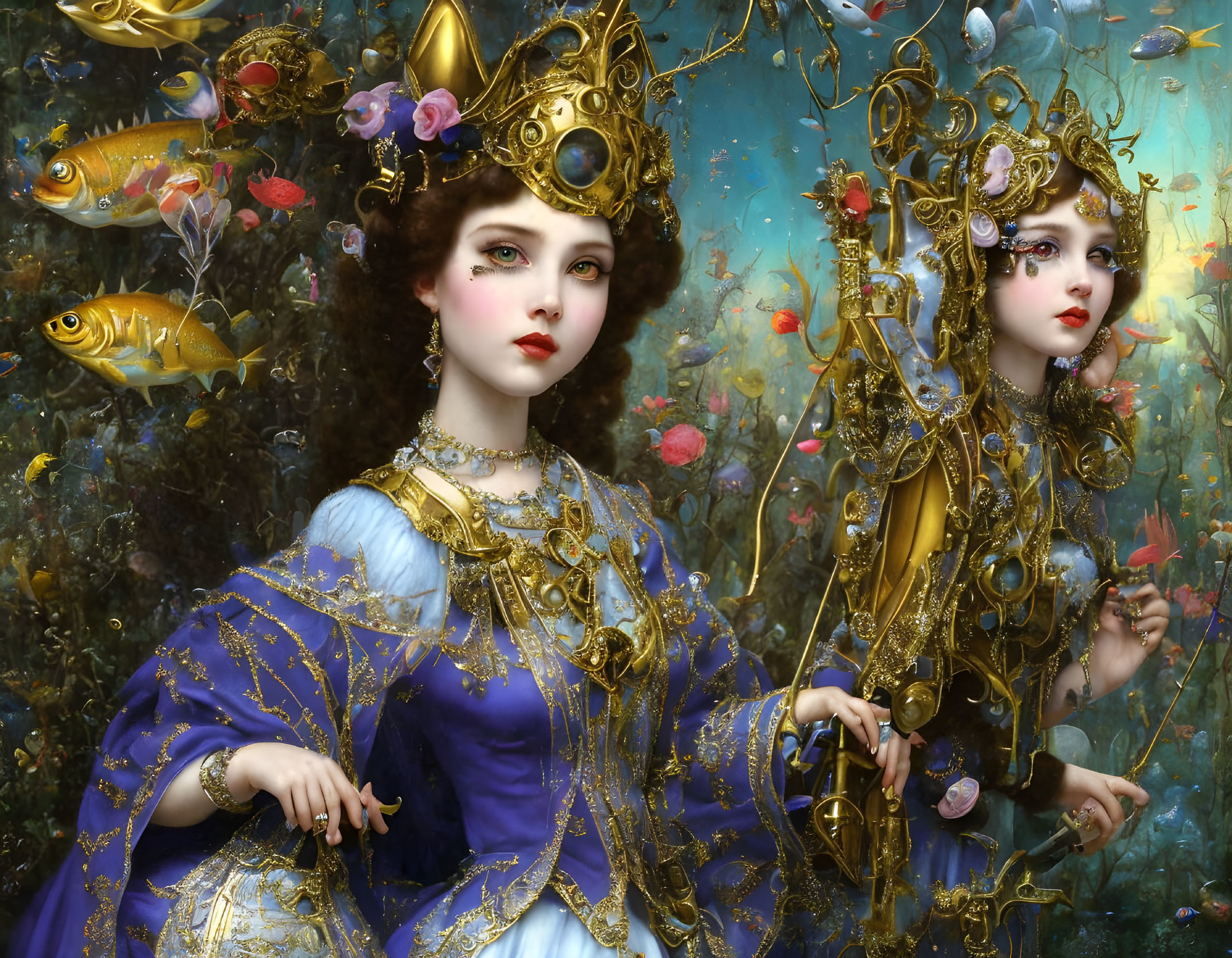 Elaborately dressed women with golden crowns in underwater scene.