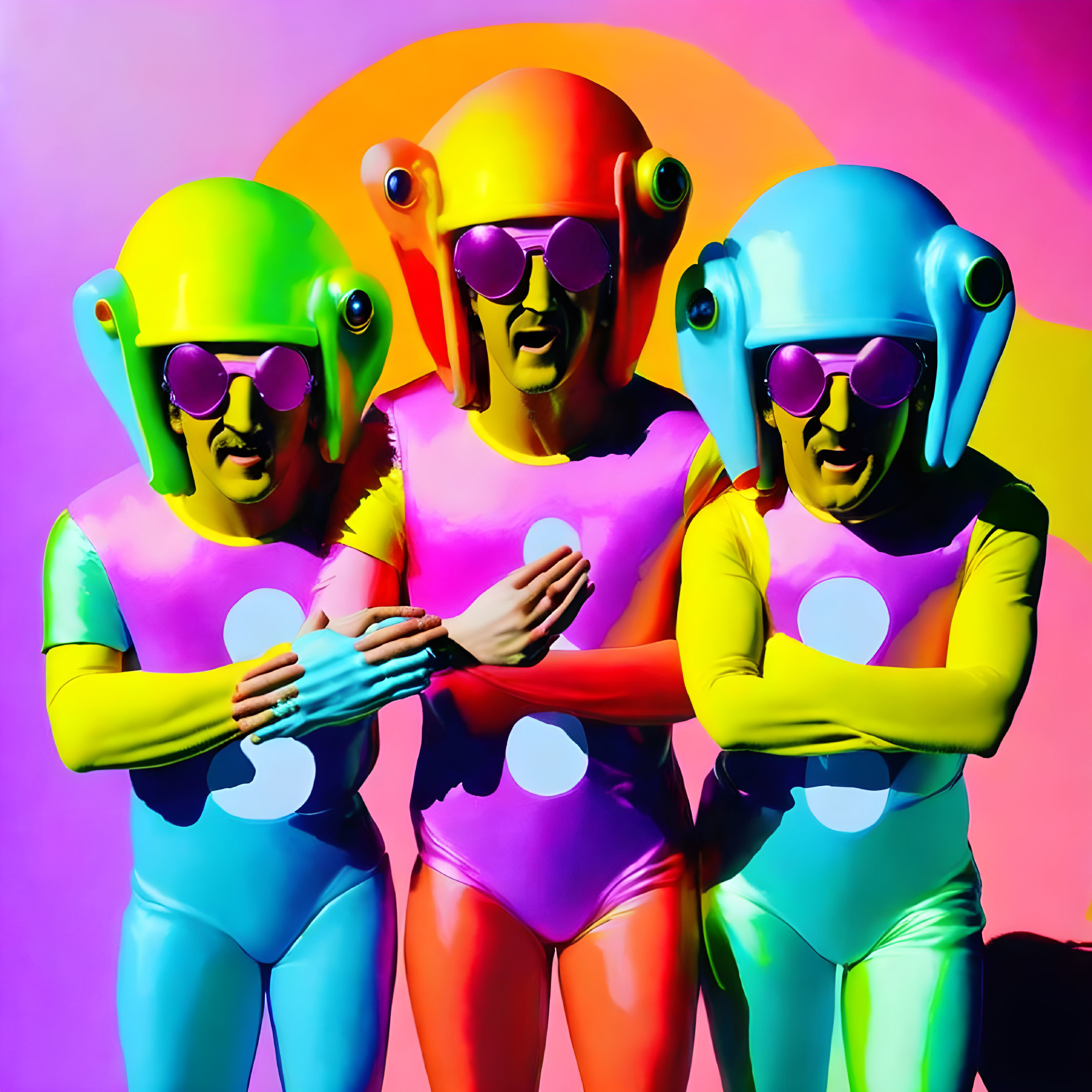 Three people in colorful bodysuits and helmets with visors on purple background