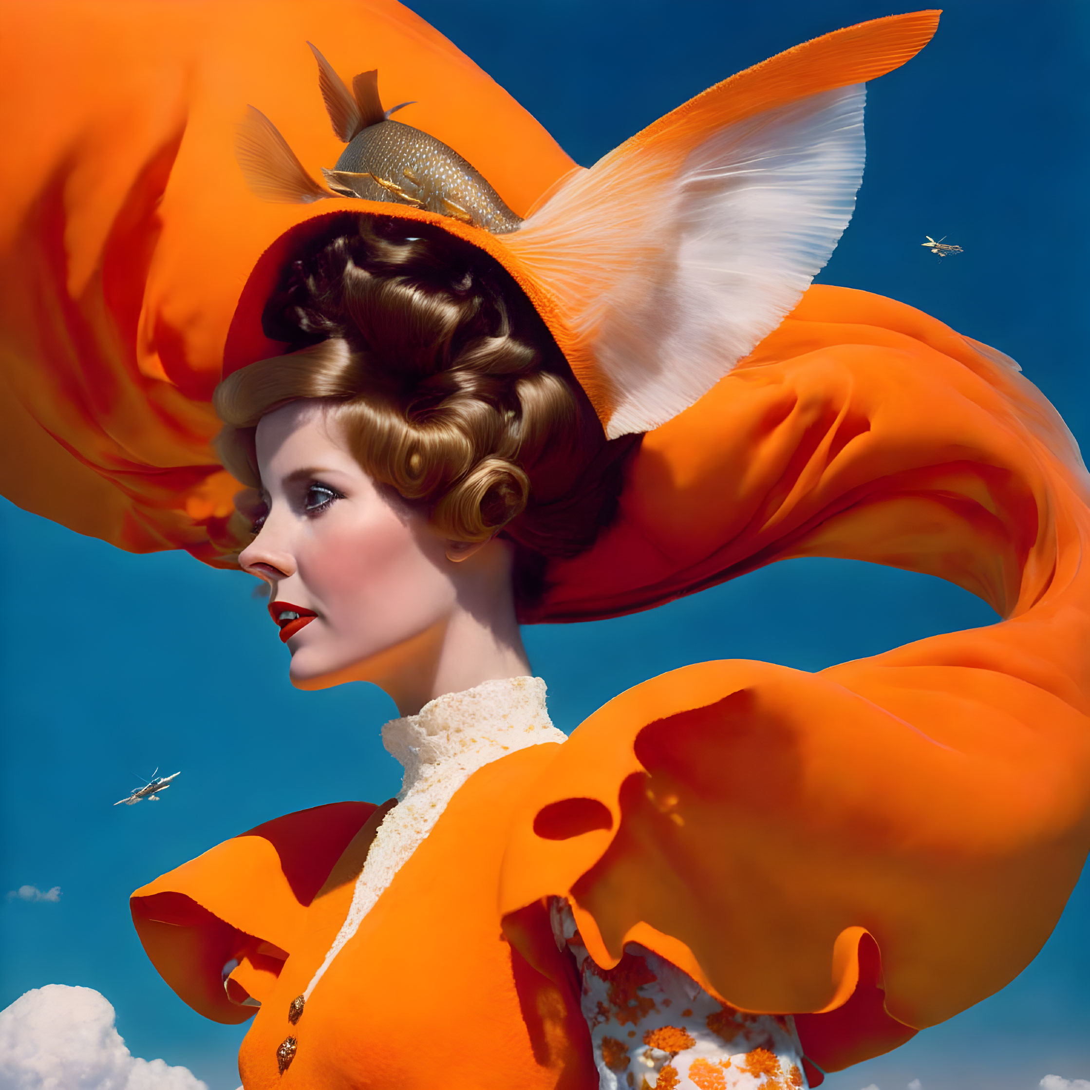 Stylized woman in orange and white outfit under blue sky