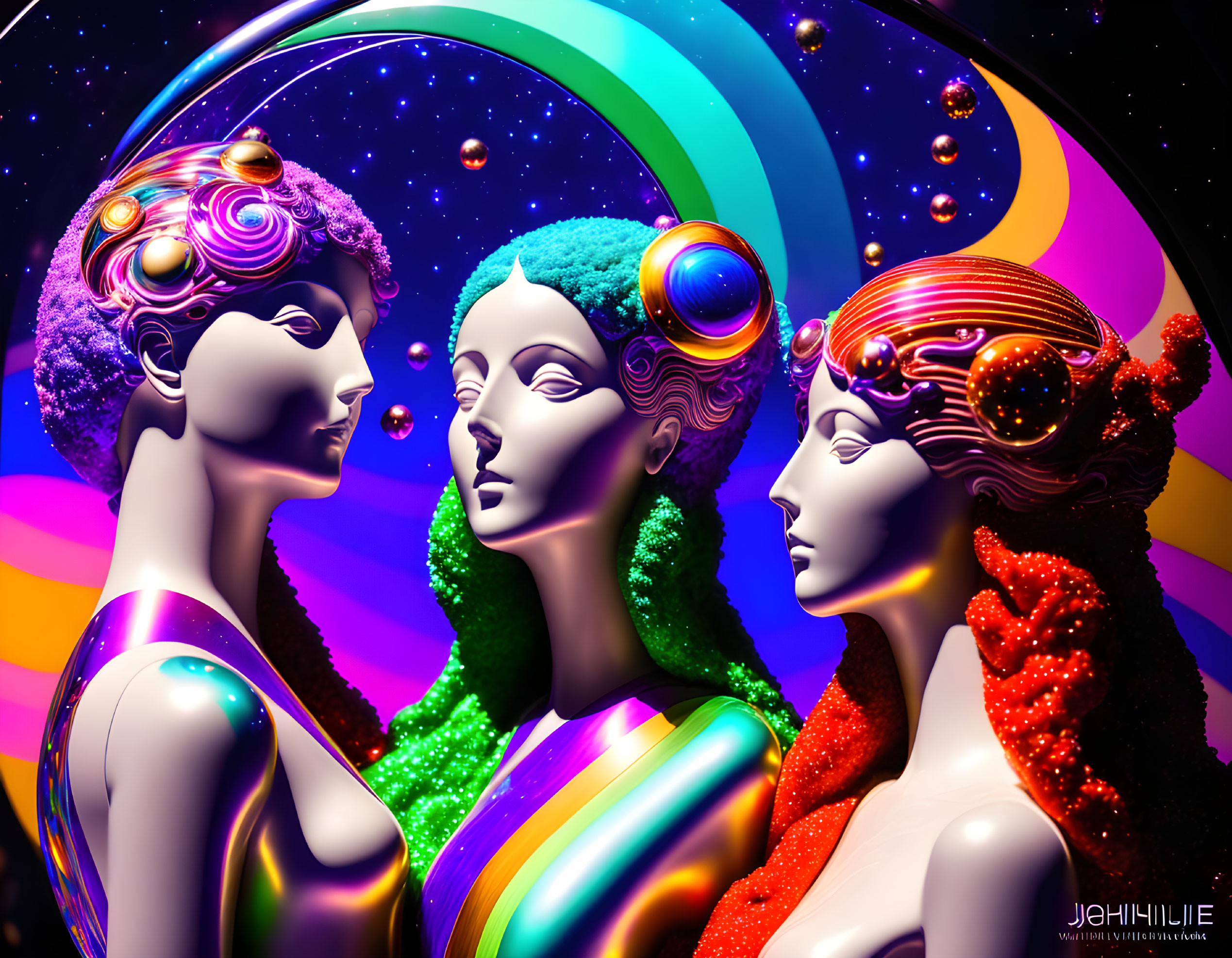 Colorful Mannequin Heads with Body Paint in Psychedelic Space Setting