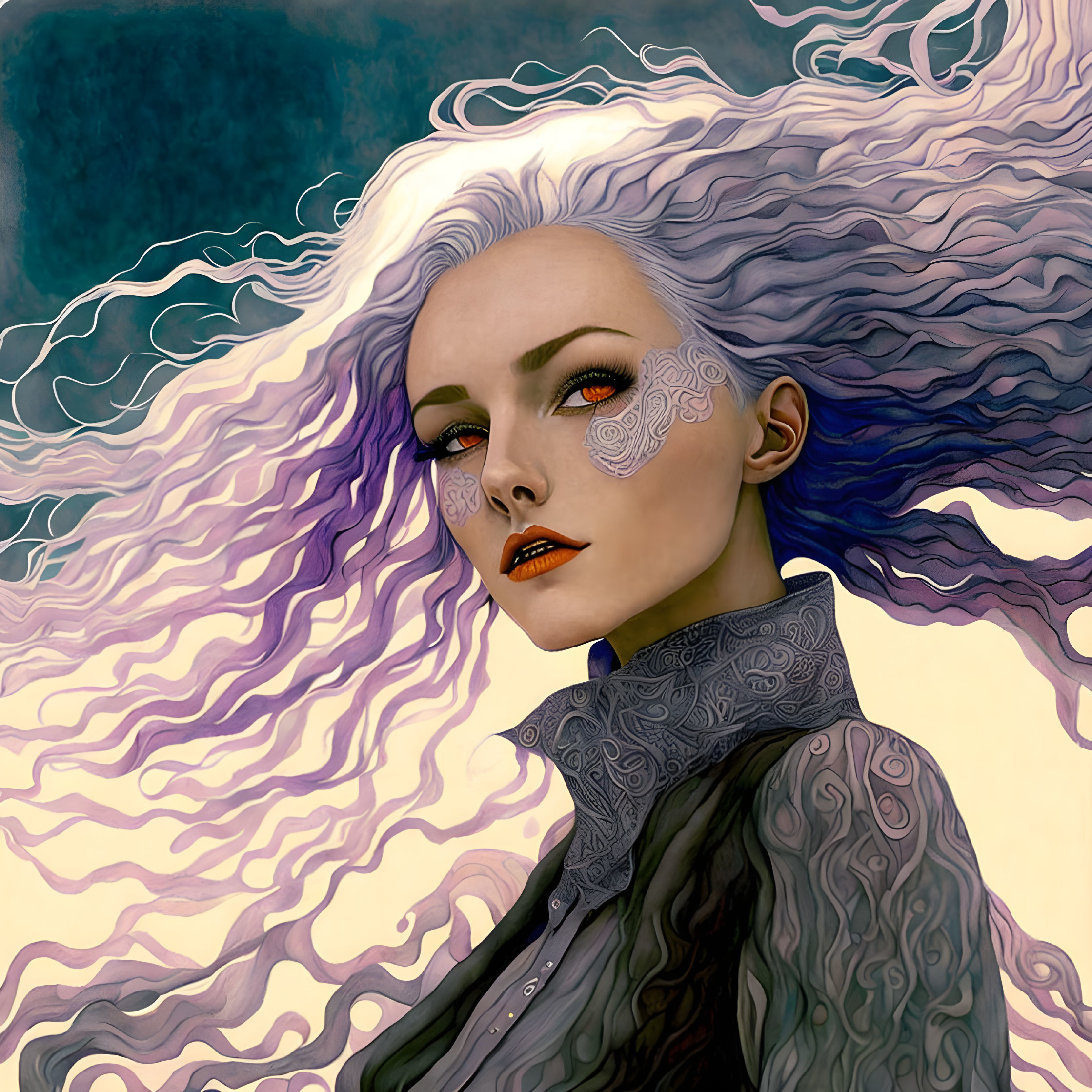 Stylized portrait of woman with white and purple hair and intricate patterns on face against abstract background