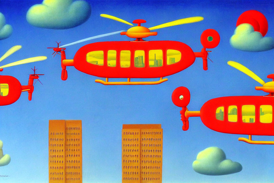 Colorful Painting of Yellow Helicopters Flying over Cityscape