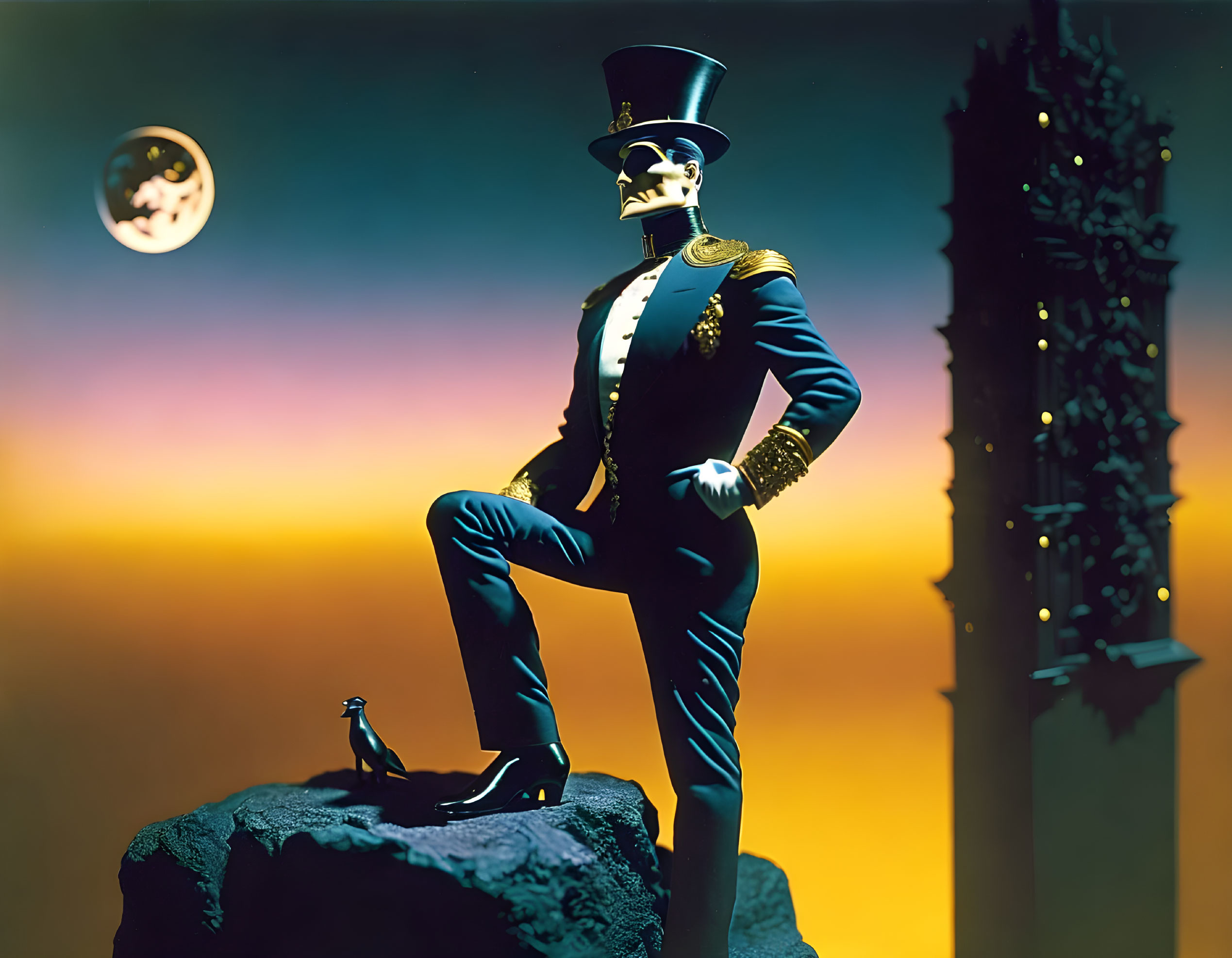 Stylized figure in top hat and tails with crow on rock at dusk