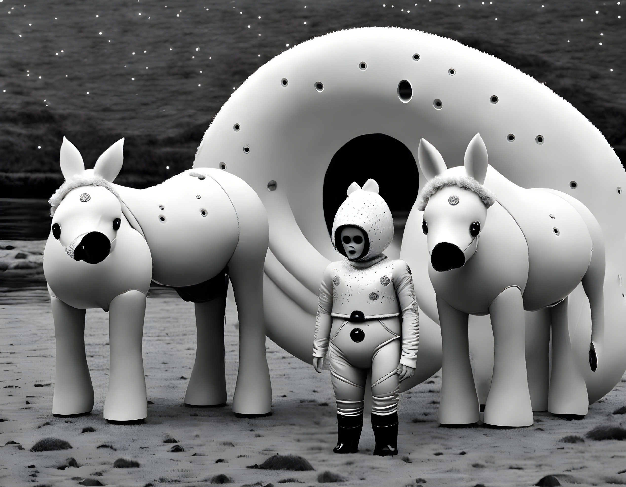 Monochromatic beach scene with person in dotted costume and horse head sculptures