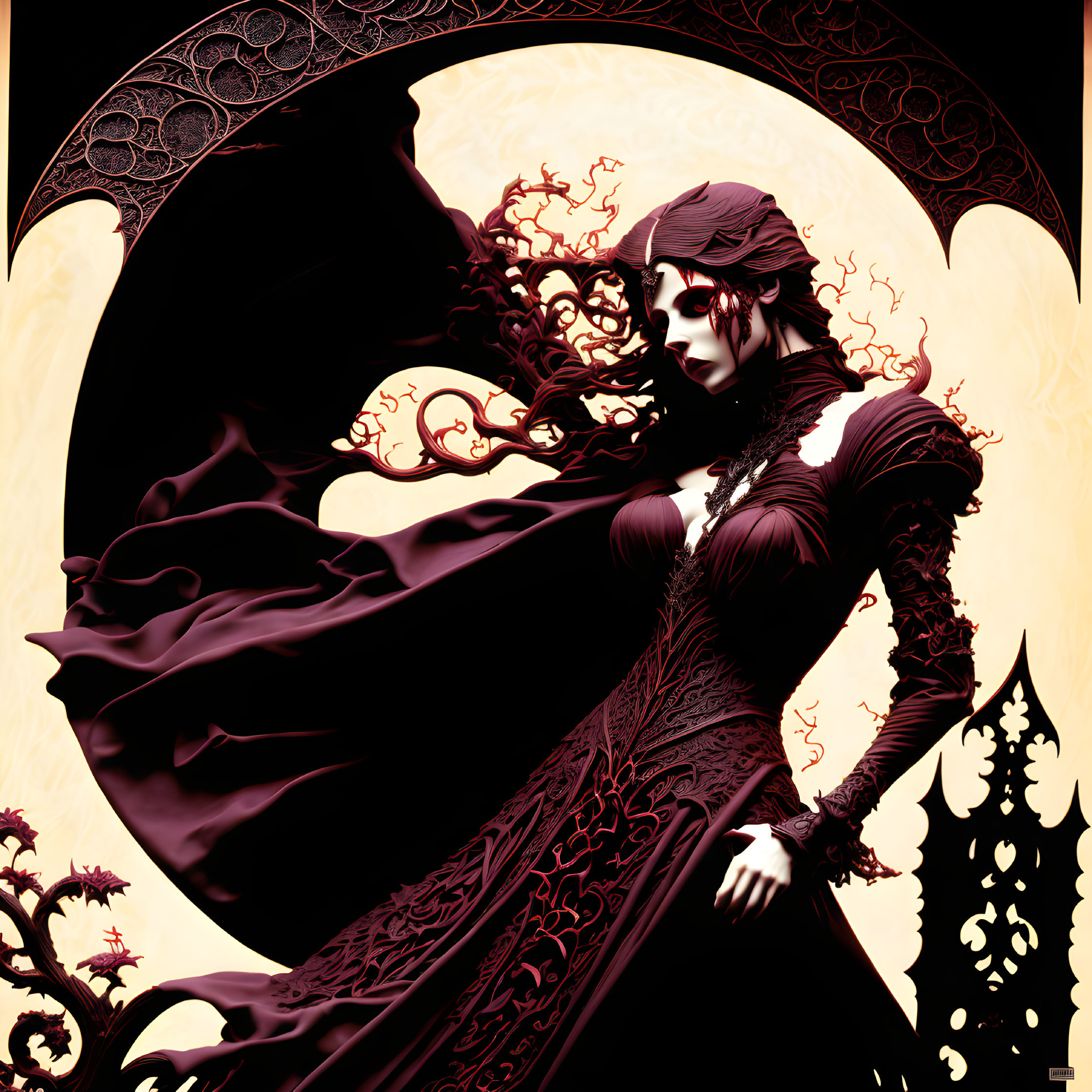 Detailed Gothic-style illustration of woman in dark dress against ornate backdrop.