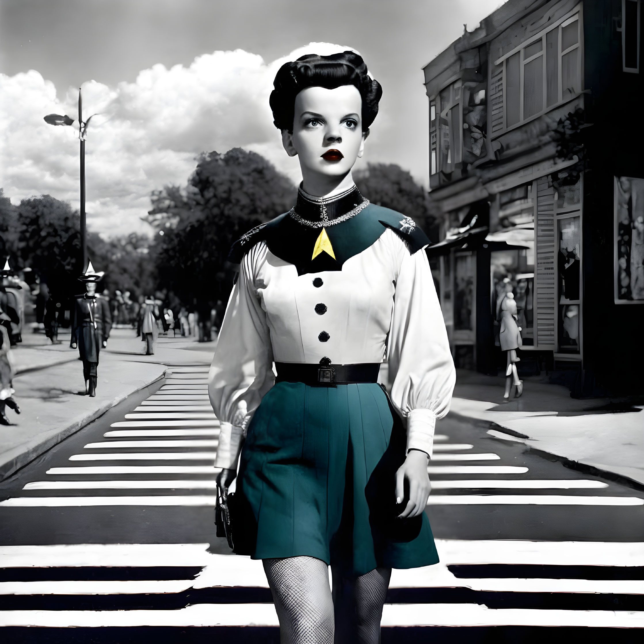 Vintage Black and White Image: Colored Woman in Retro Clothing Crossing Zebra Crossing