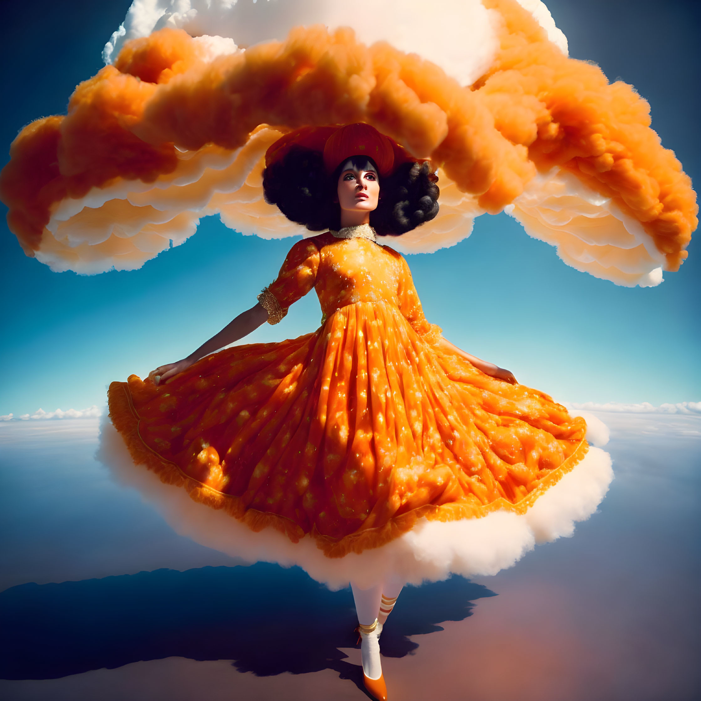 Vibrant orange dress with cloud-like skirt floating above surreal mirrored surface