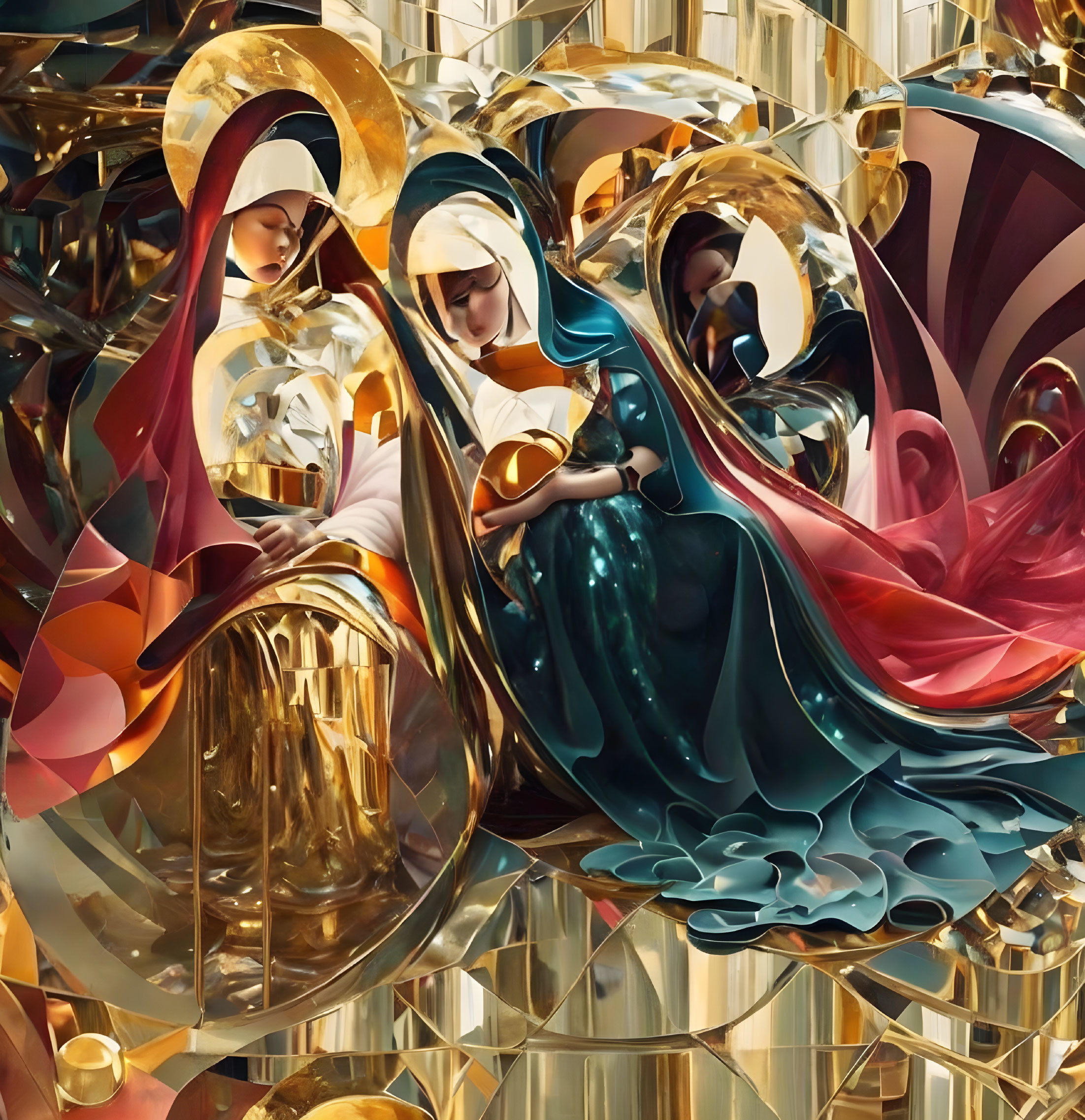 Surreal artwork featuring robed figures in reflective gold surroundings