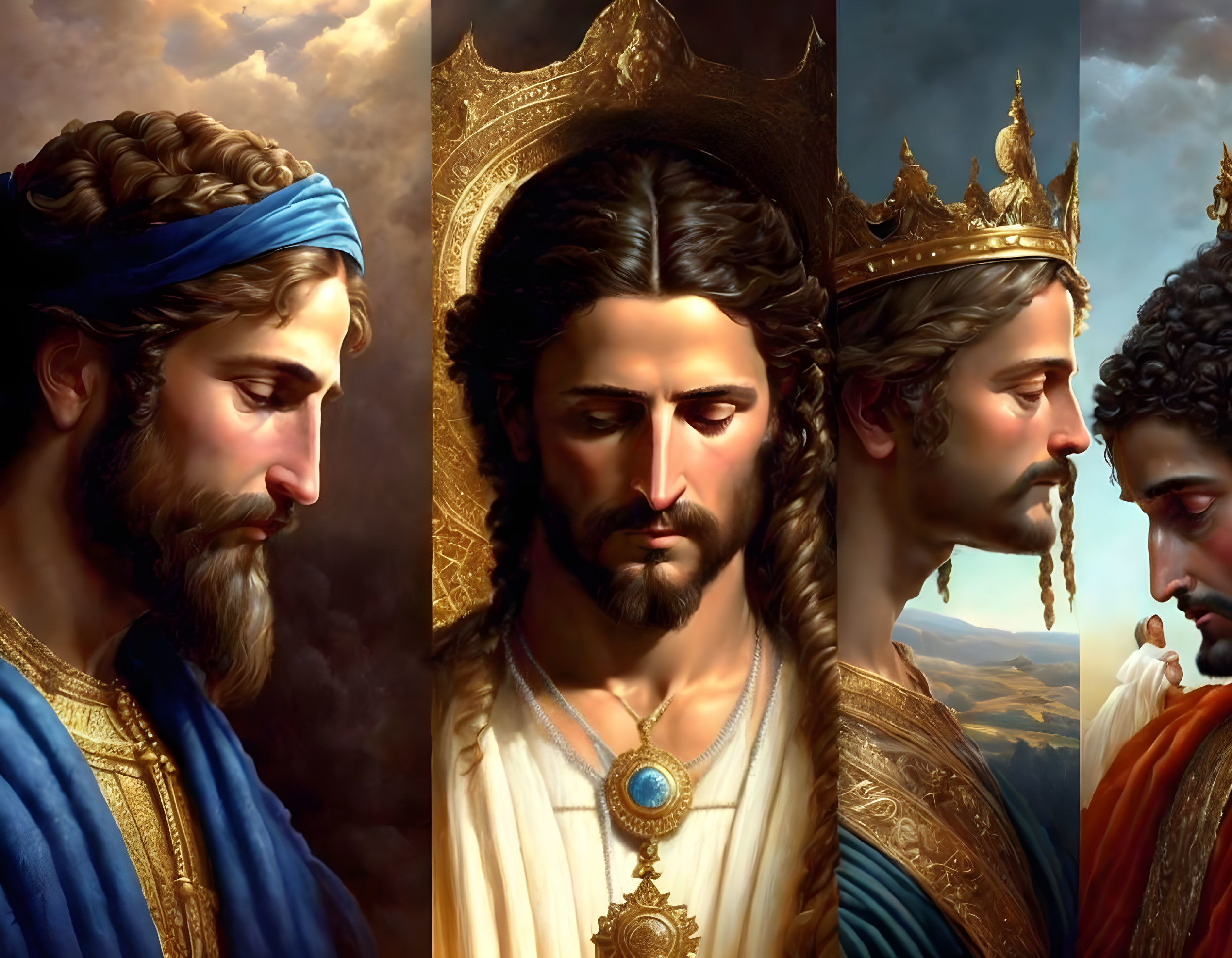 Three detailed portraits of a bearded man in royal attire with crowns and serene expression against cloud and