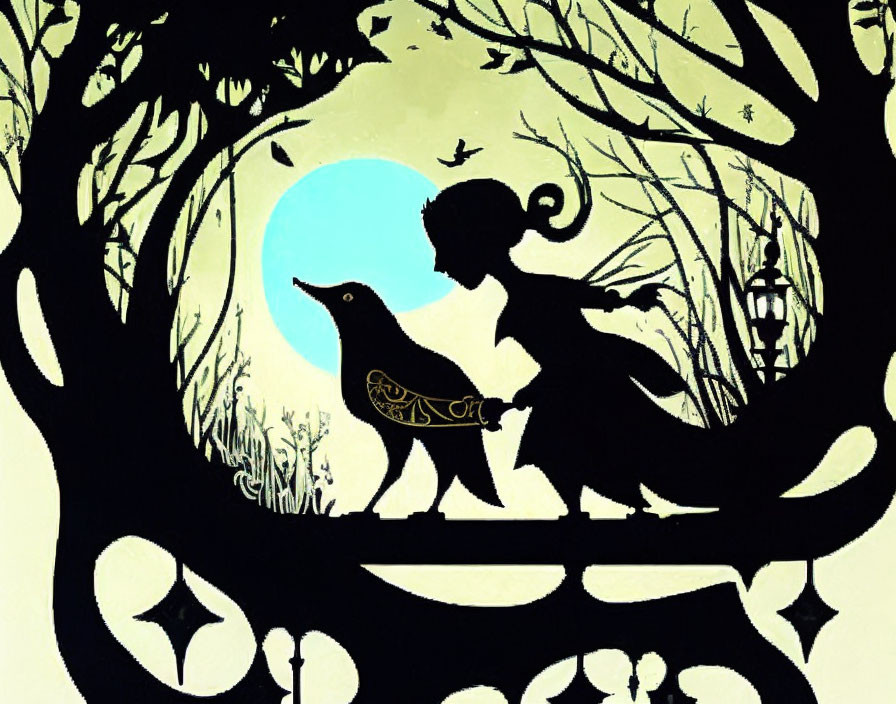 Silhouette of girl, bird, lantern, tree, and nature motifs under full moon