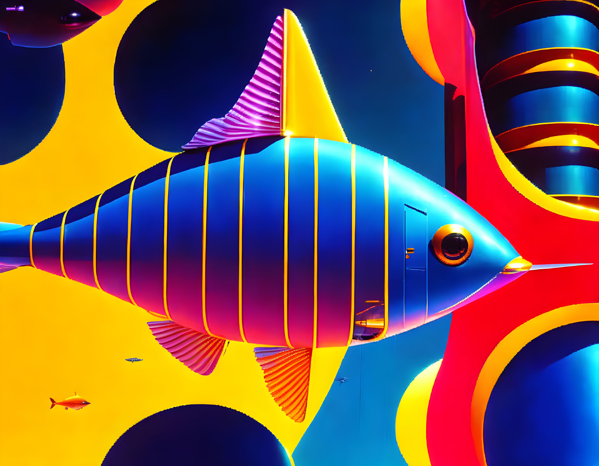 Colorful Stylized Fish Swimming in Surreal Underwater Scene