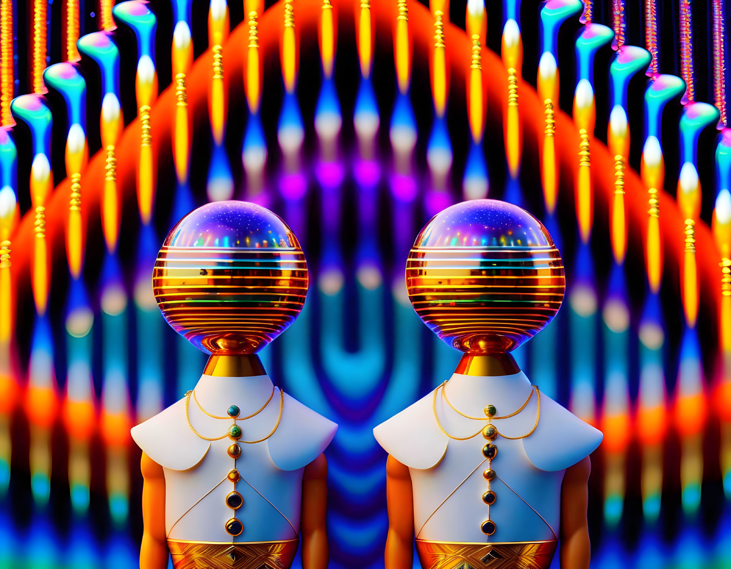 Futuristic humanoid figures with reflective heads on vibrant psychedelic background