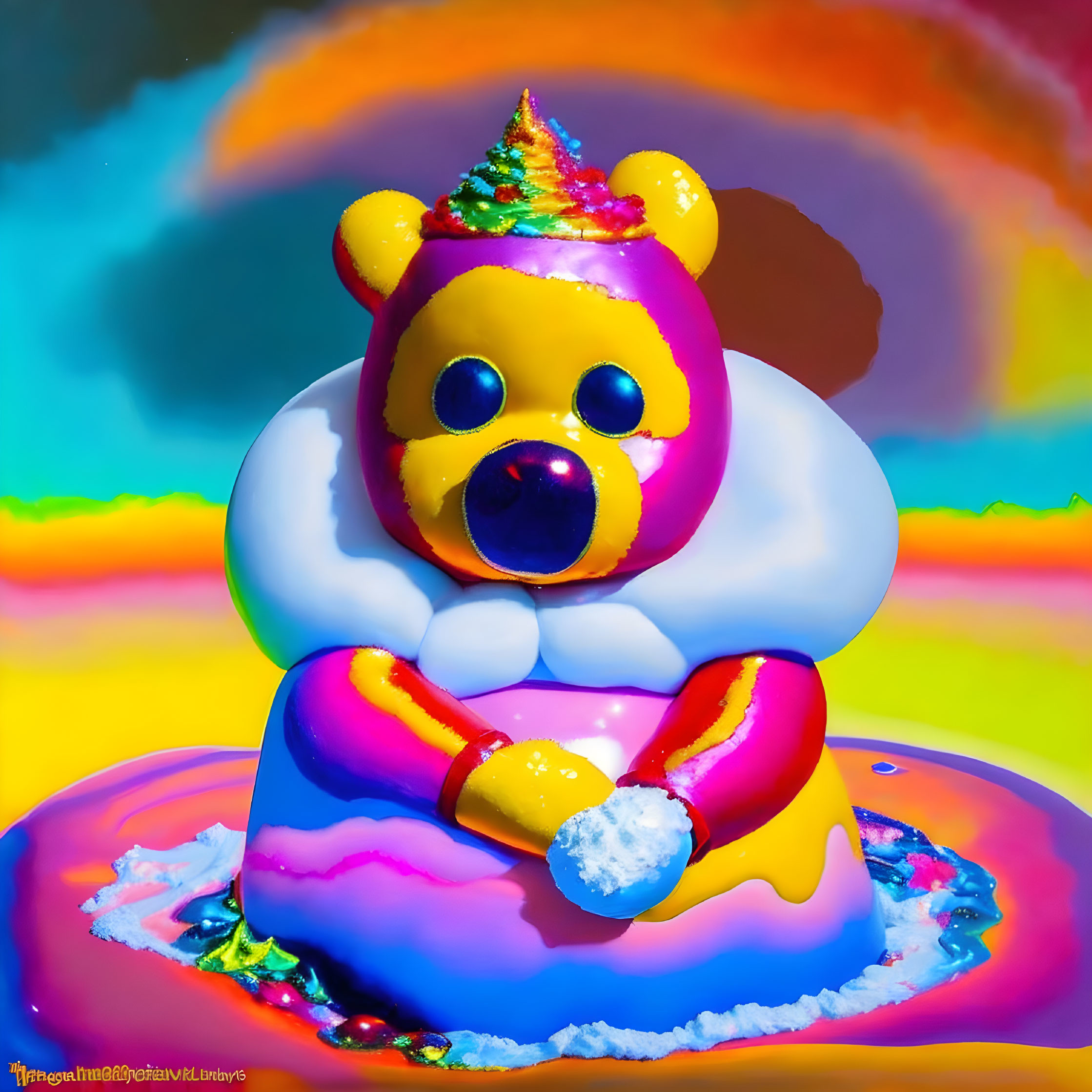 Colorful Bear Figurine with Party Hat on Psychedelic Rainbow Background