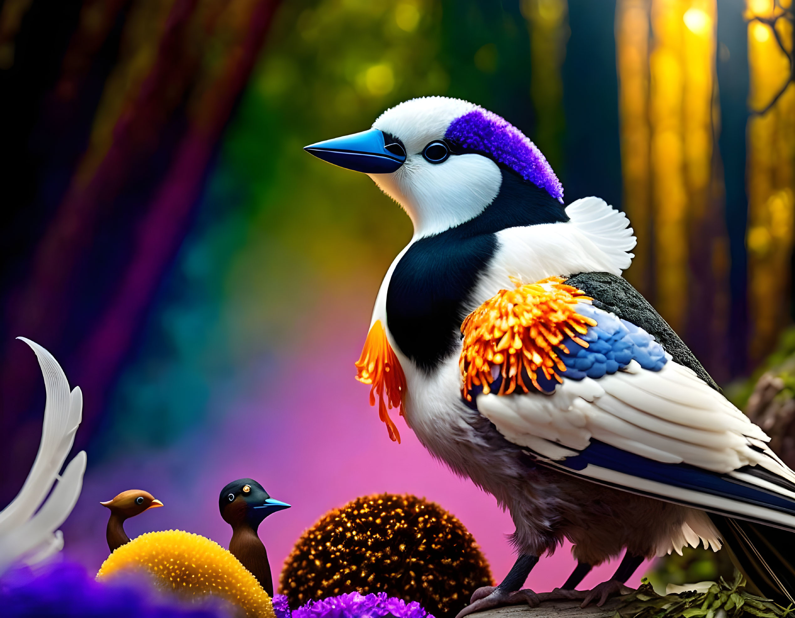 Colorful Bird with White, Blue, Purple, and Orange Plumage in Fantasy Forest Setting