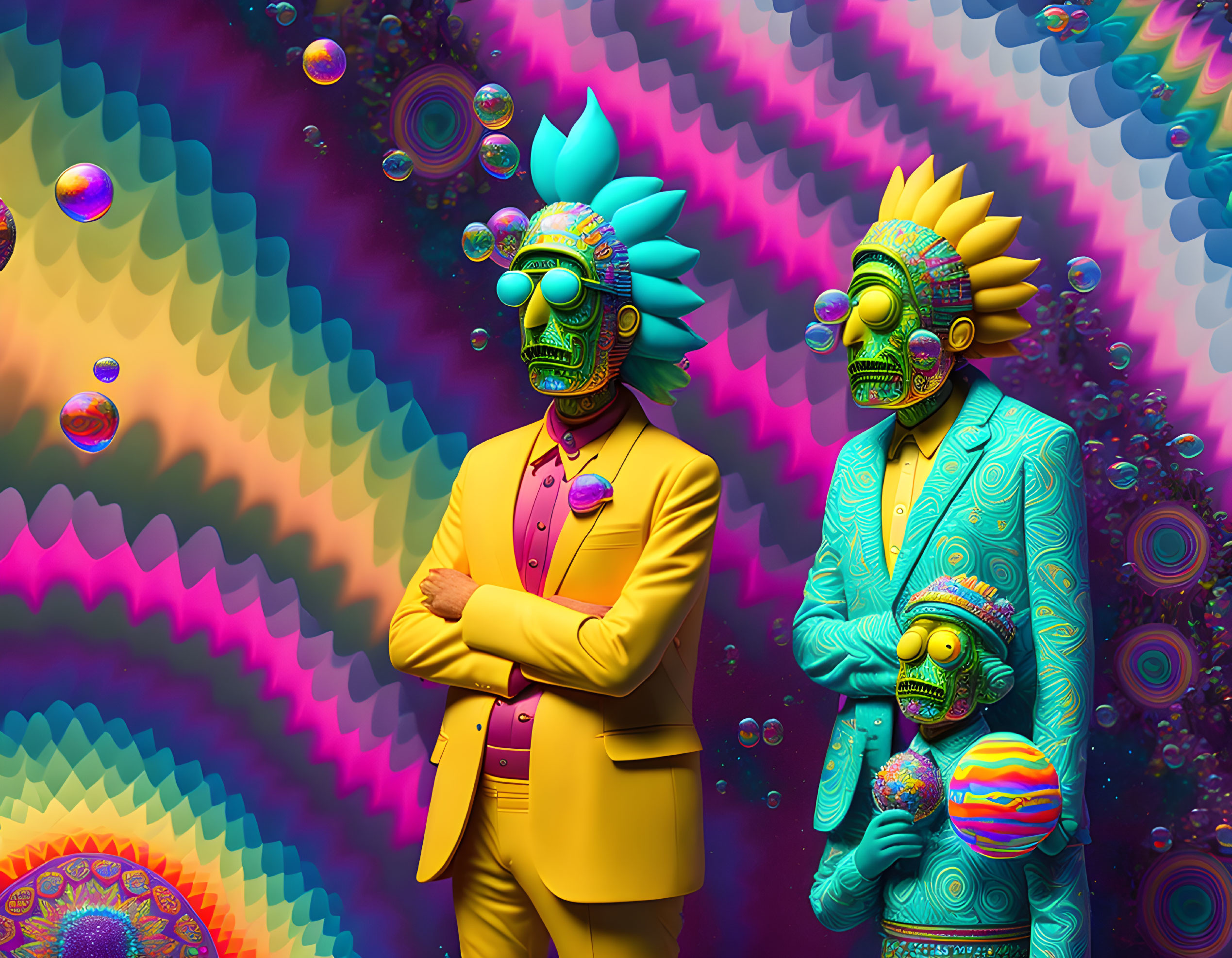 Colorful Tribal Masked Figures in Psychedelic Setting