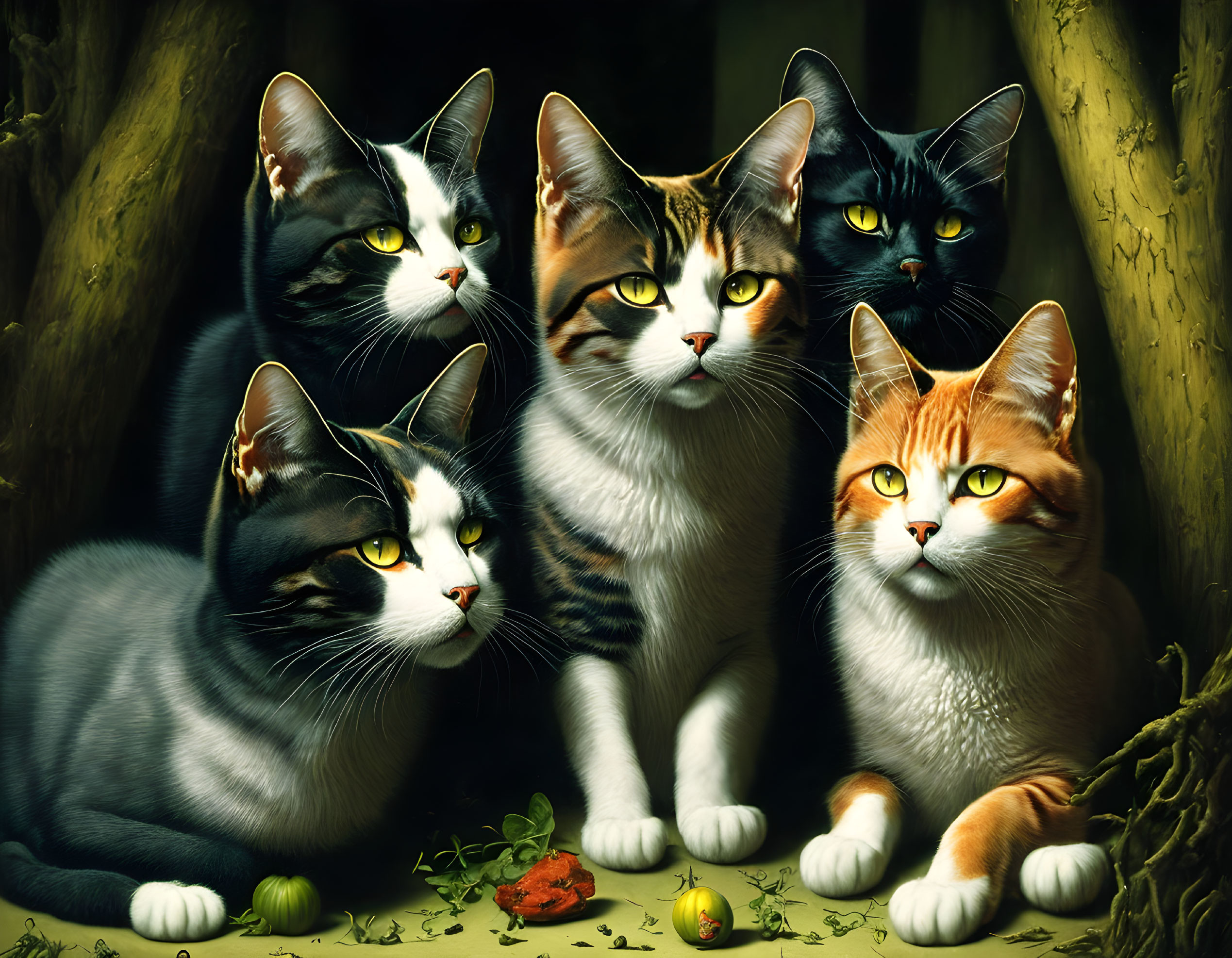 Five cats with different patterns in dark, woody setting with red rose