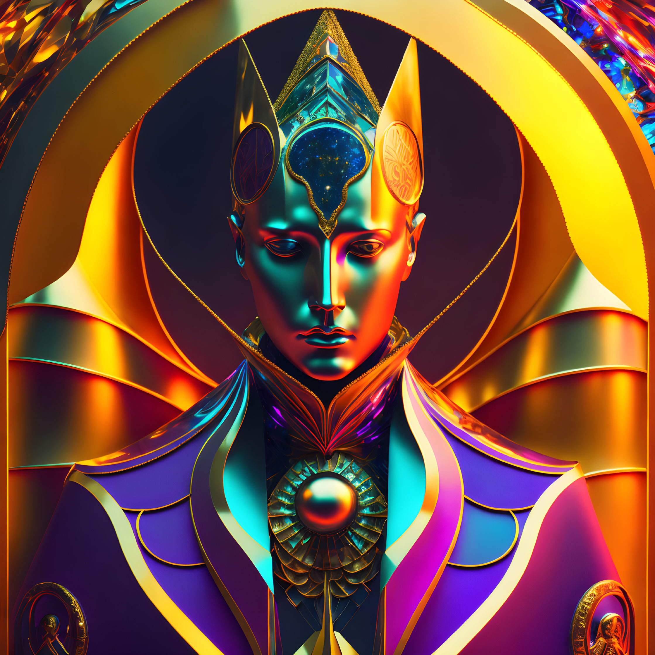 Symmetrical futuristic face with golden headdresses and mystical symbols