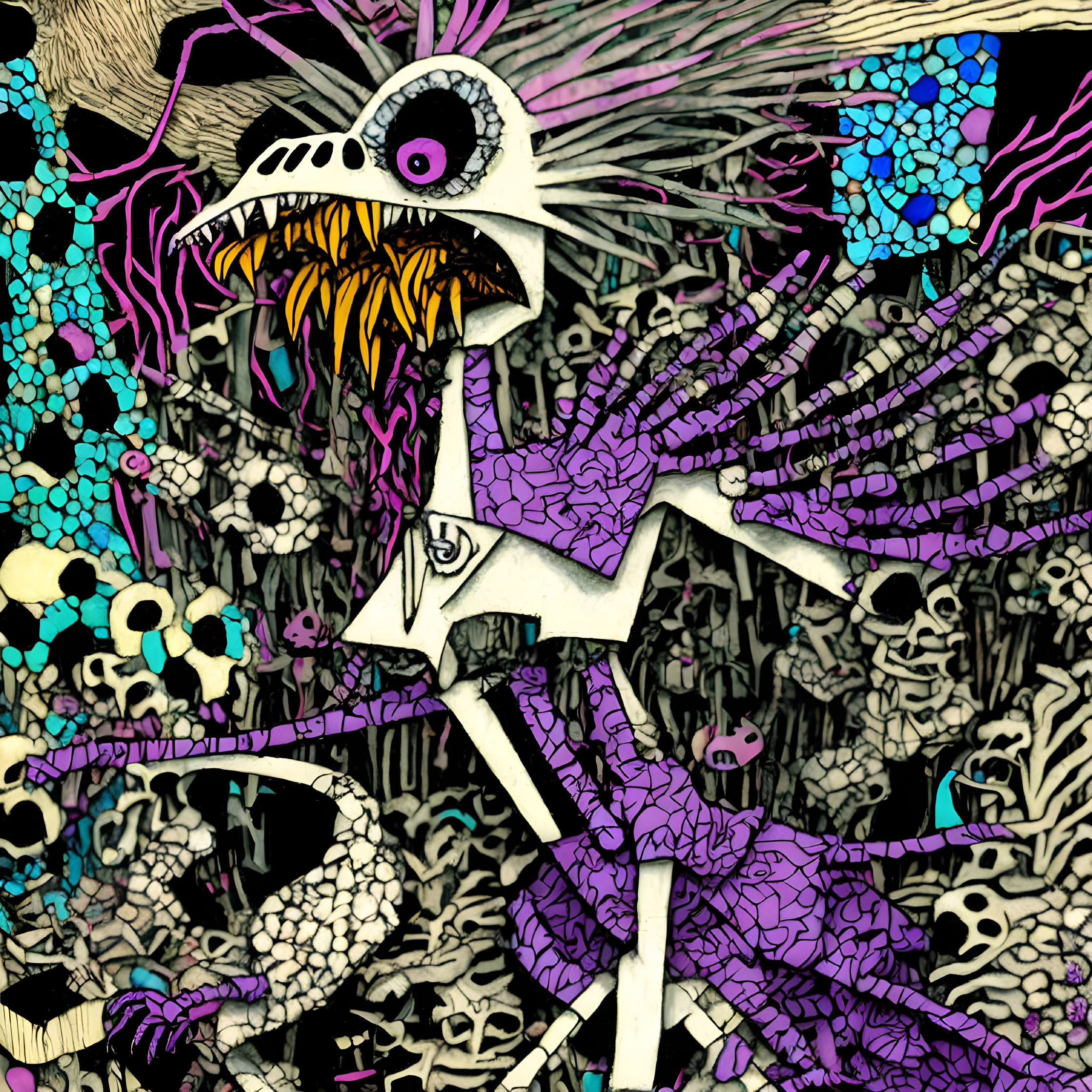 Colorful Abstract Art: Skeletal Bird Creature with Eye & Intricate Patterns