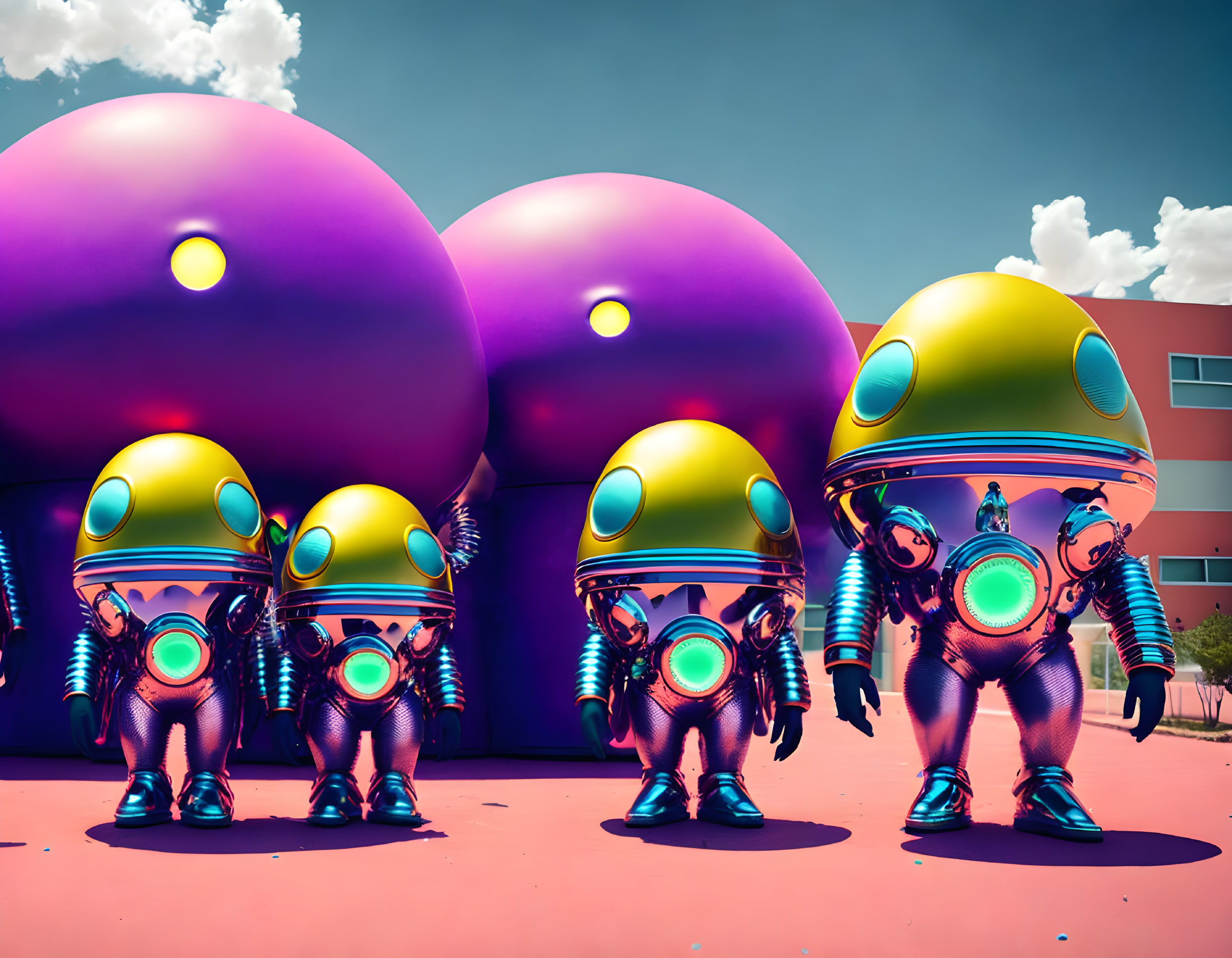 Vibrant humanoid robots with egg-shaped bodies and intricate designs under a sunny sky.