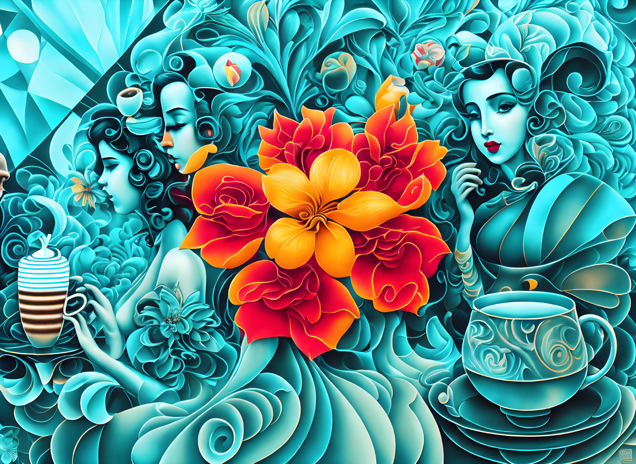 Colorful digital artwork of stylized women with floral and teapot motifs