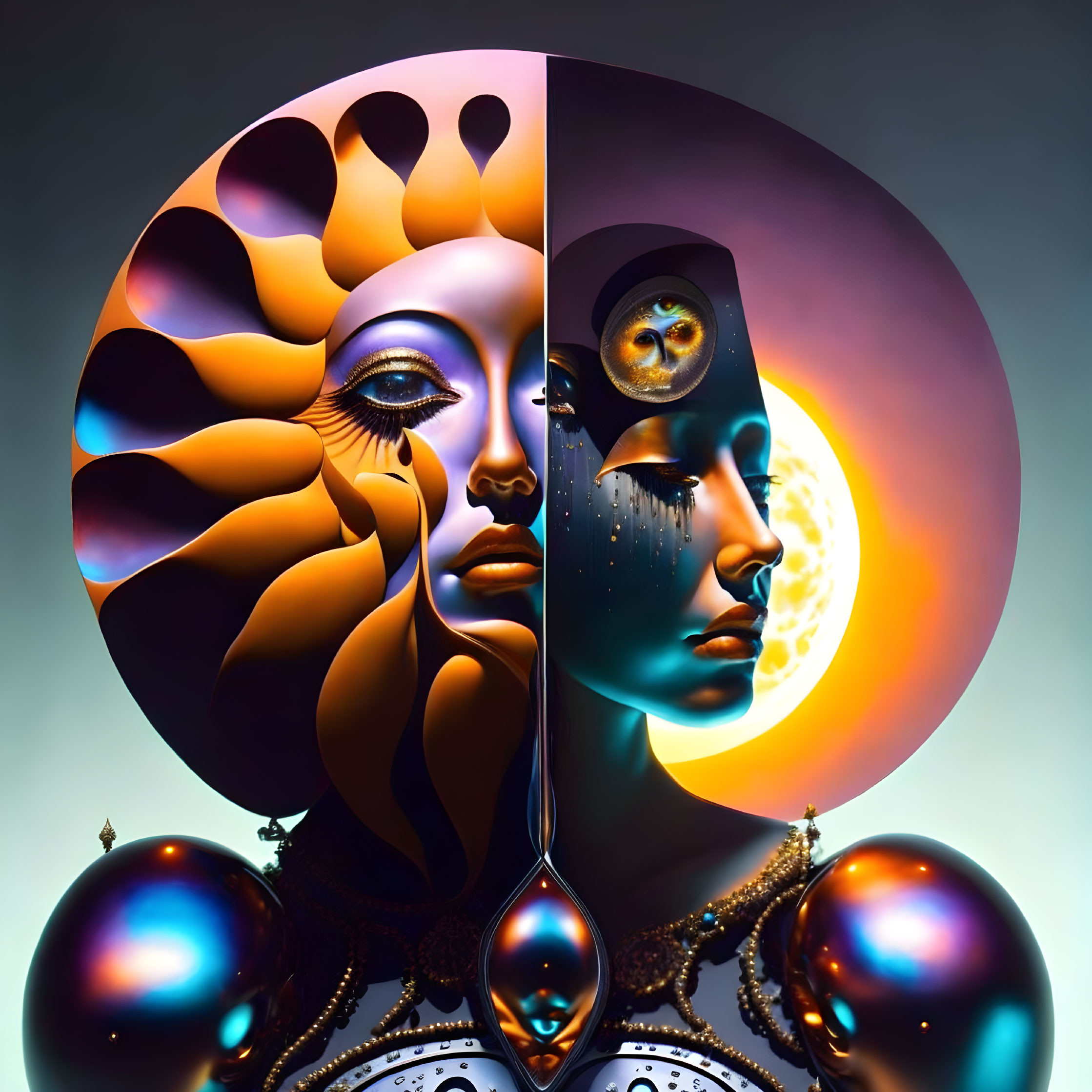 Mirrored faces with sun and moon motifs in vibrant colors on circular backdrop