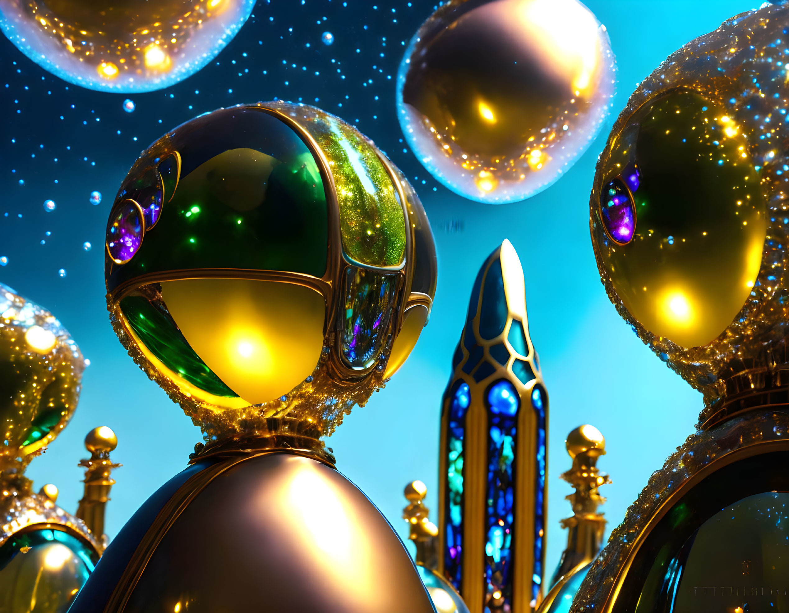 Intricate golden spheres on blue backdrop with bokeh lights