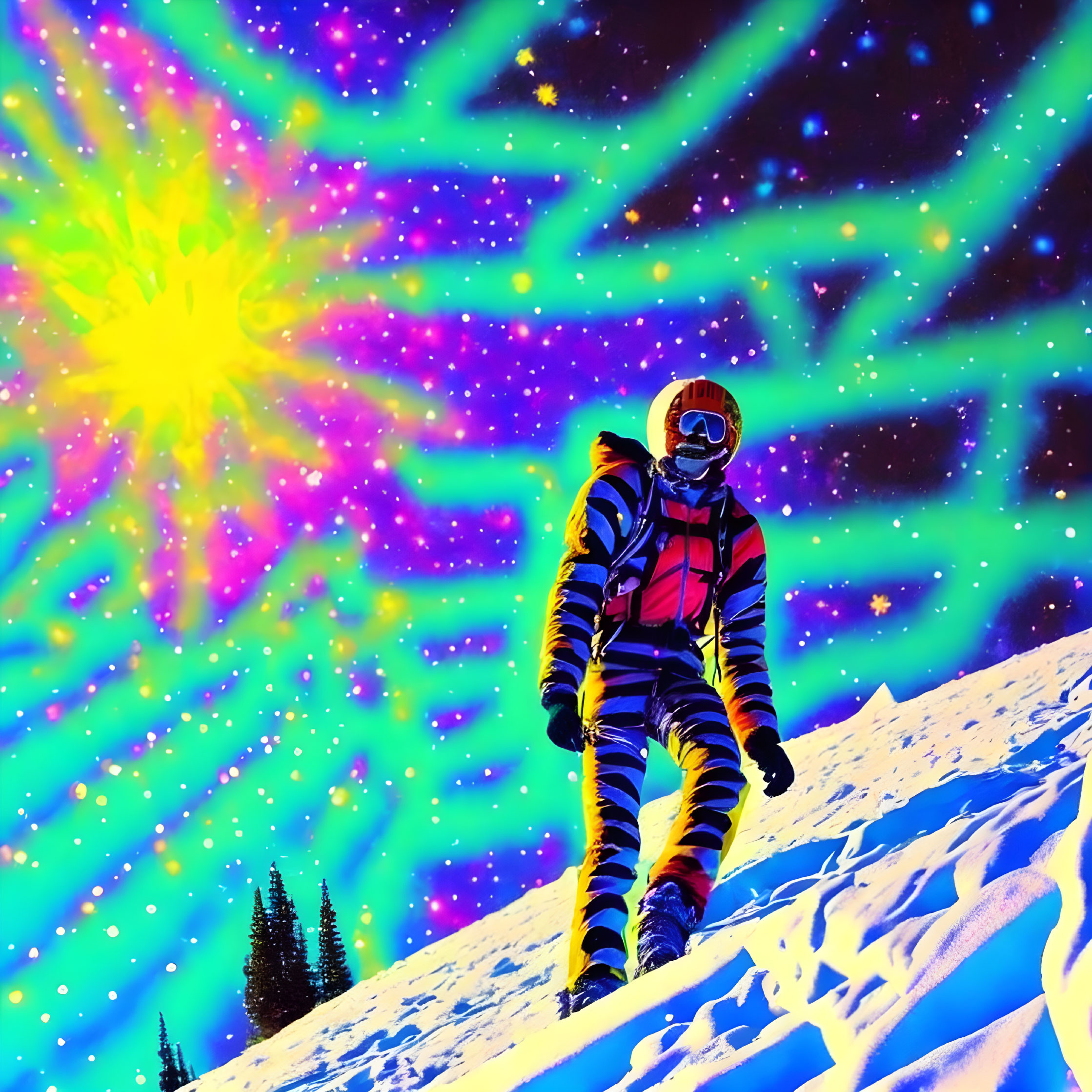 Astronaut on snowy slope with cosmic background