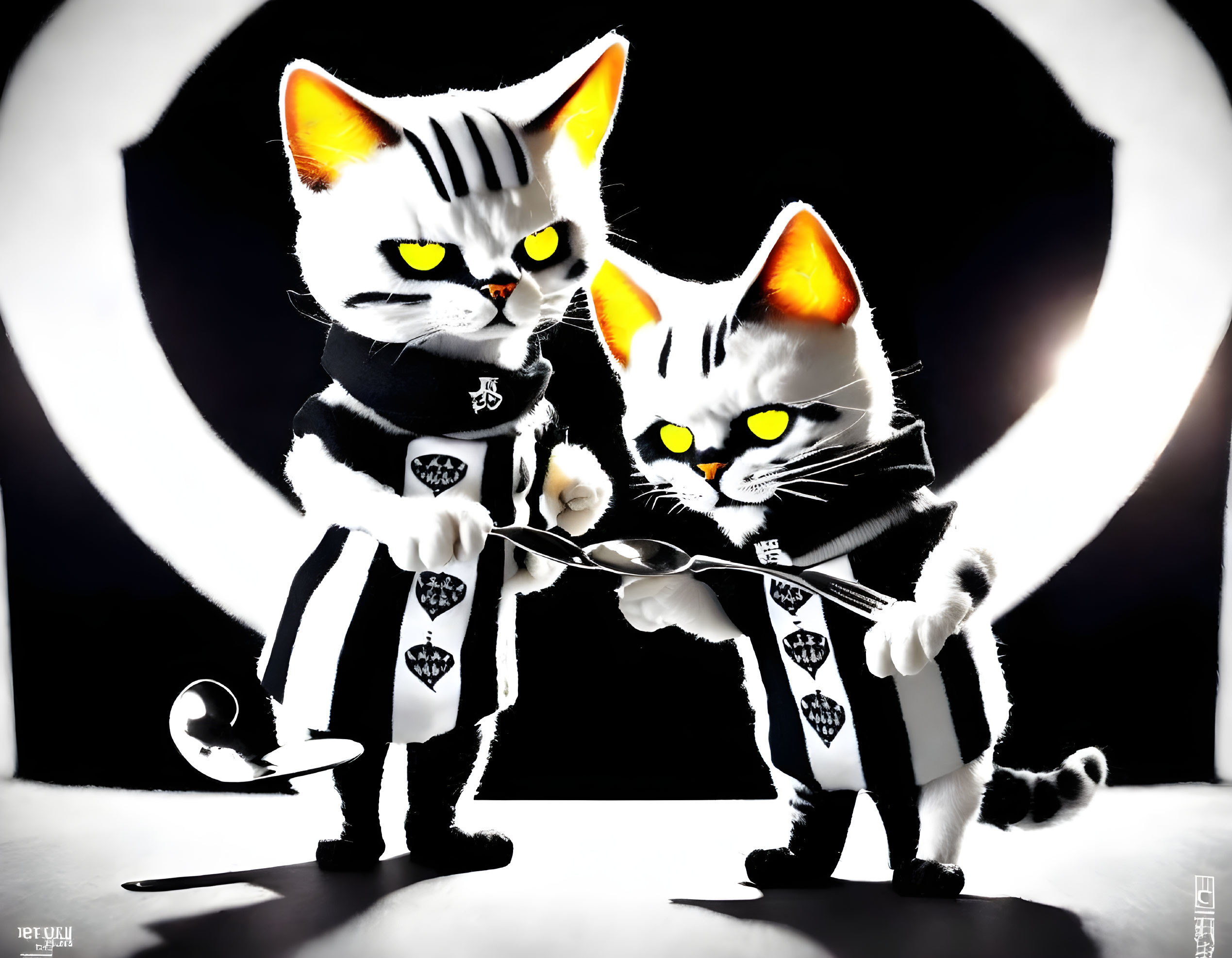 Two animated cats with black and white stripes holding scissors and a whip, backlit by a circular glow