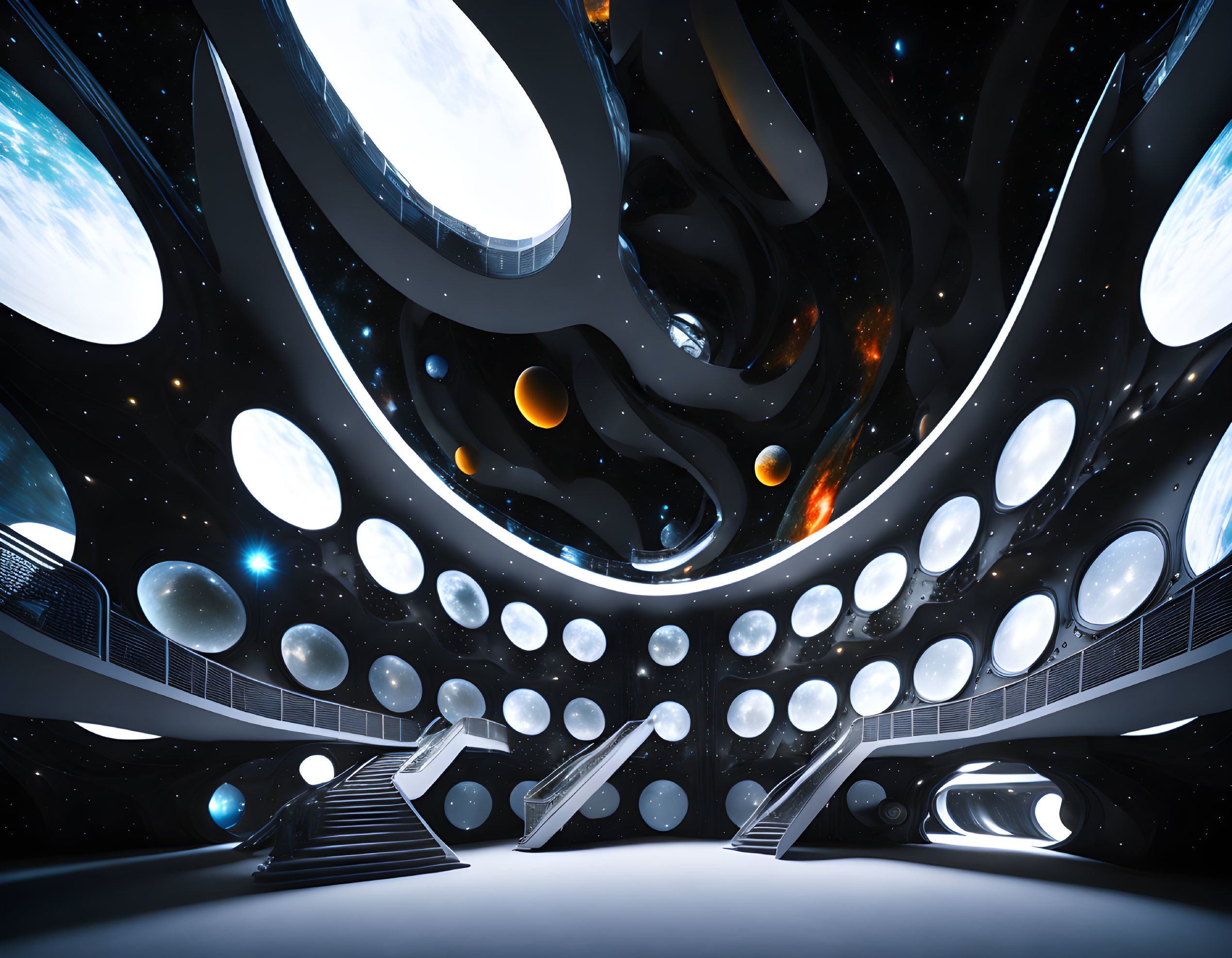 Futuristic interior with oval portals and cosmic scenes under starry sky