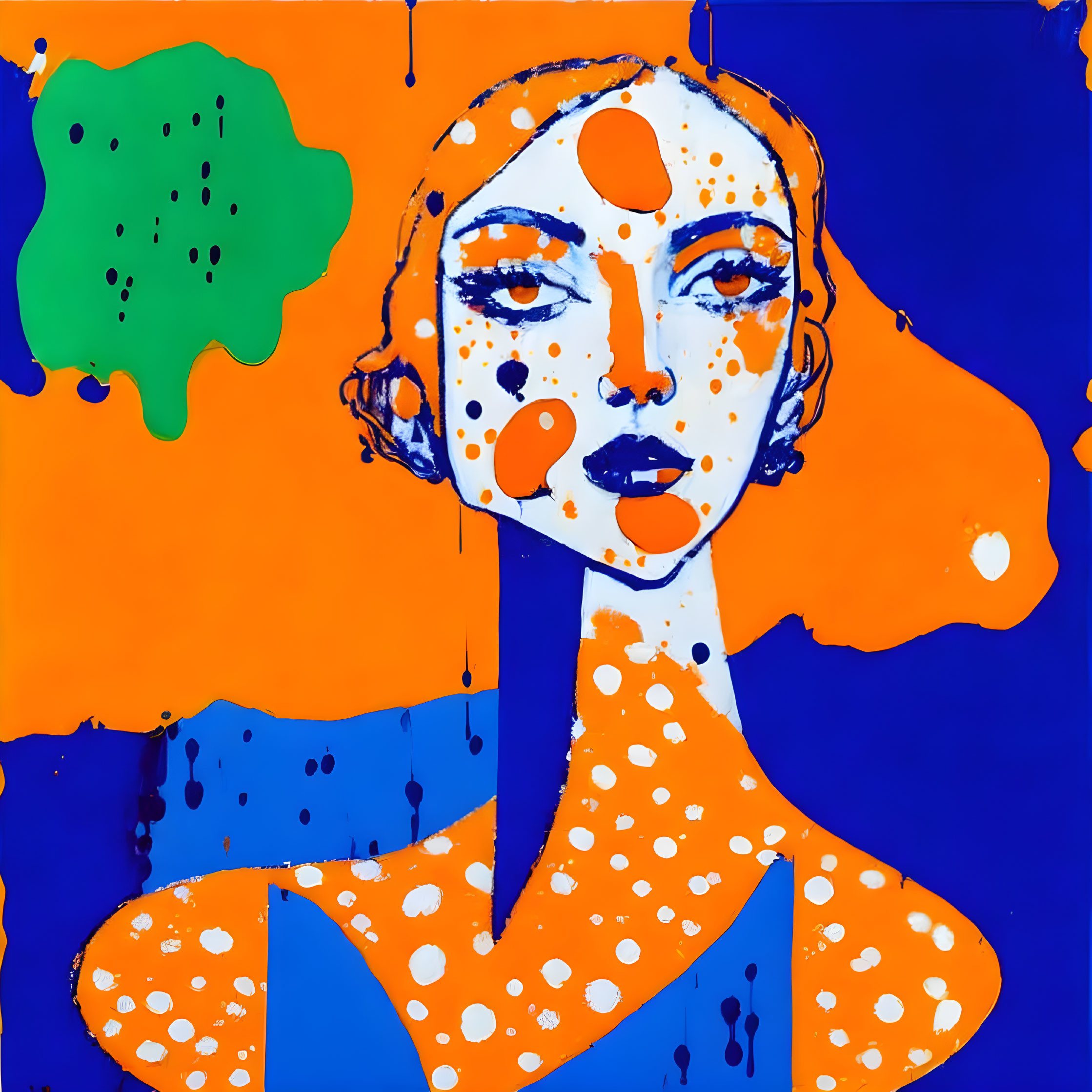 Abstract portrait of woman with orange and blue background and splattered paint