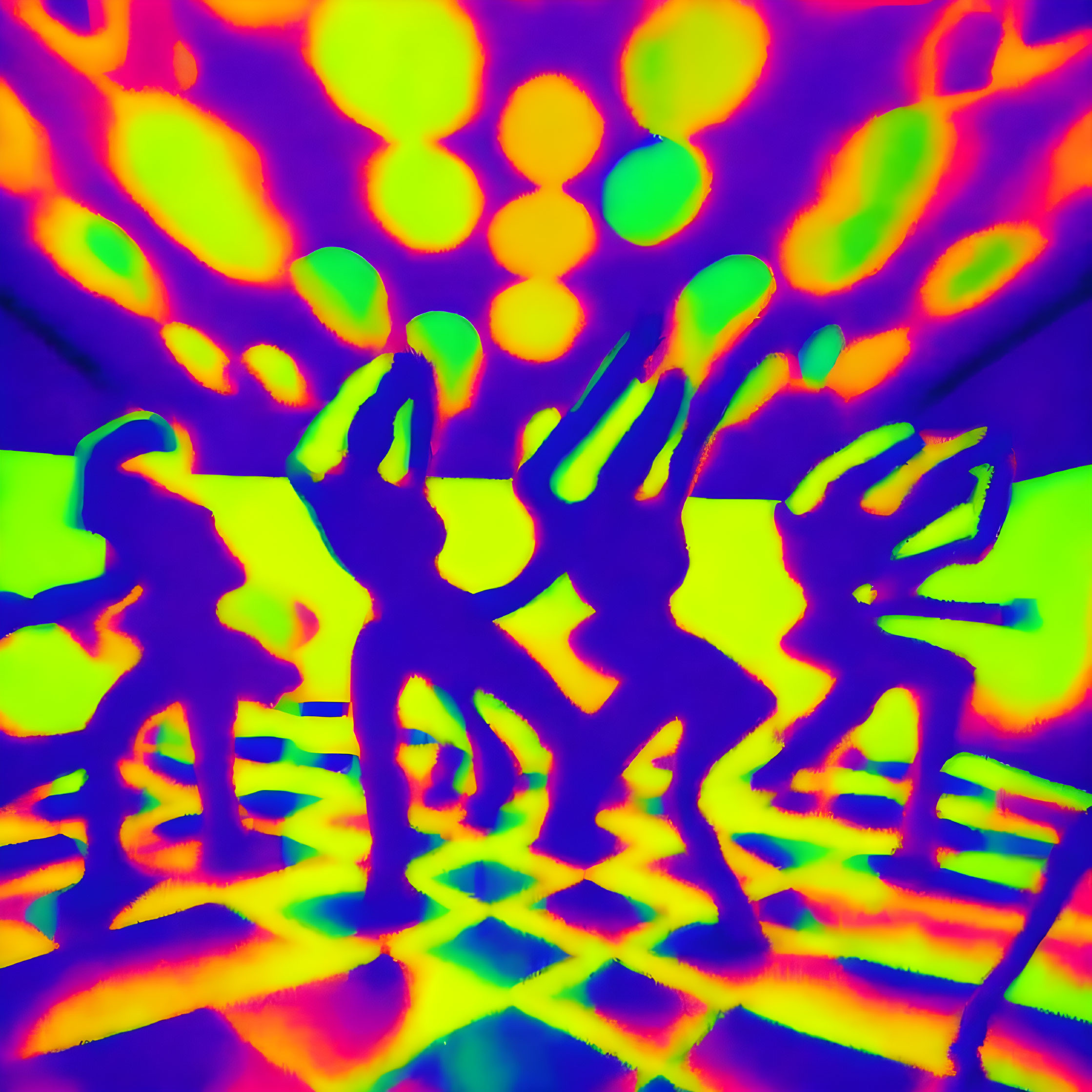 Thermal image of four people with outstretched arms on vibrant heat signature background