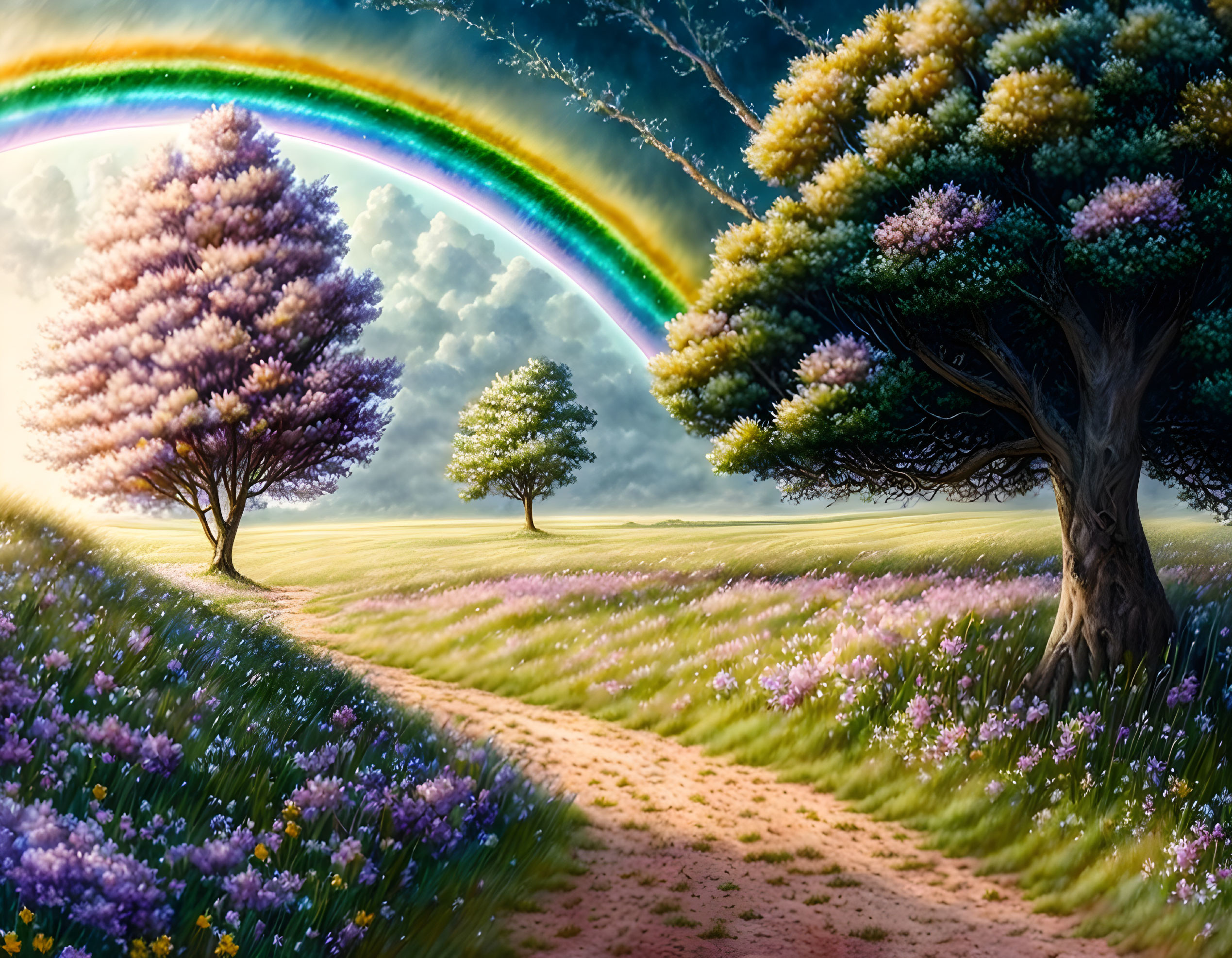 Colorful Trees, Purple Flowers, Double Rainbow in Vibrant Landscape