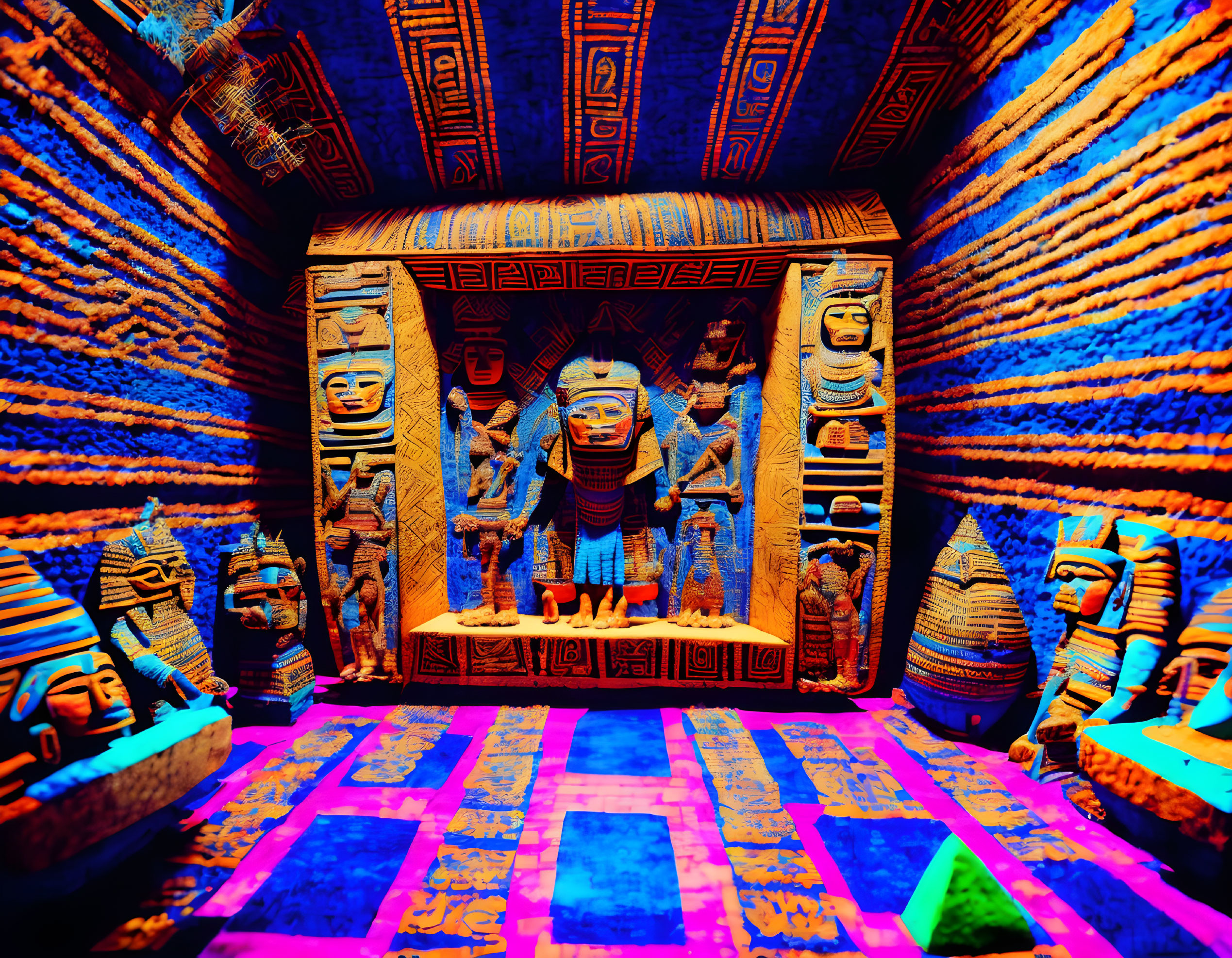 Vibrant Egyptian-themed room with hieroglyphs, pharaoh statues, sarcophagi,