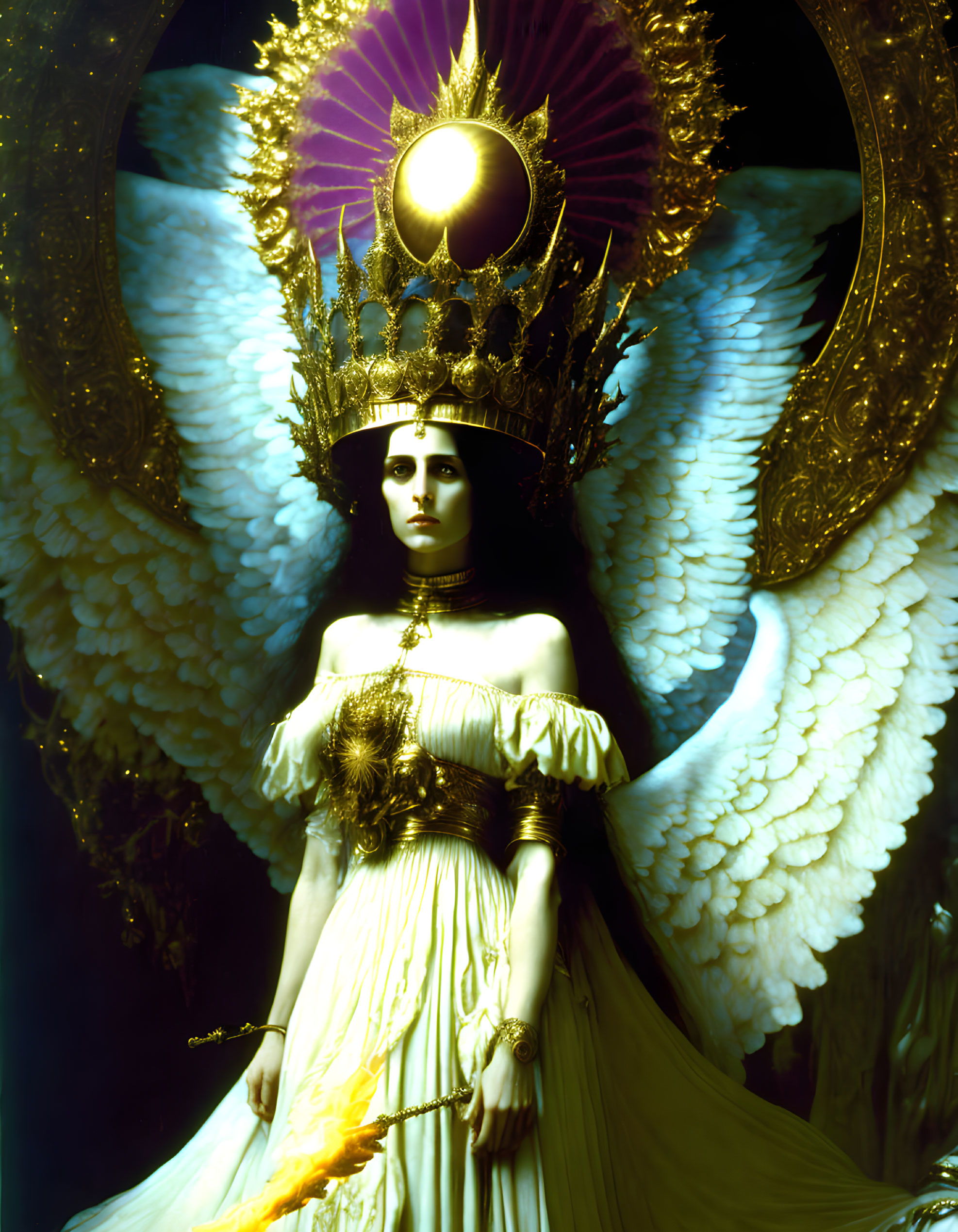 Regal figure with wings, crown, and scepter on dark background