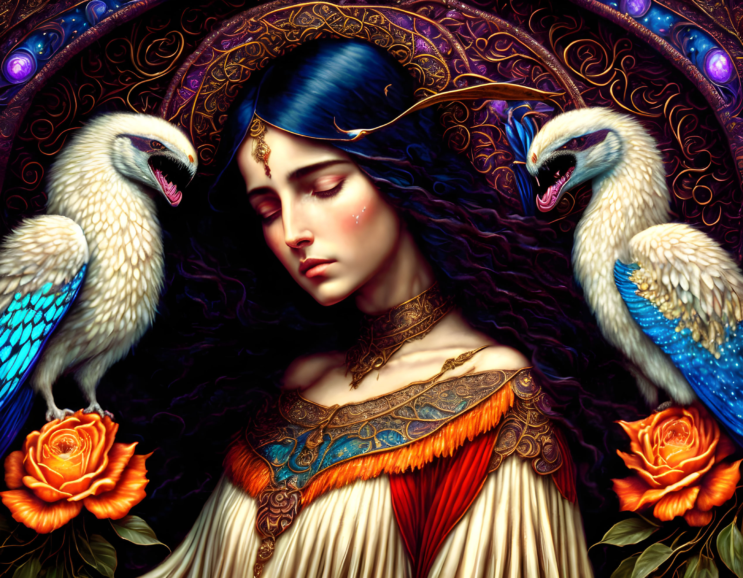 Regal woman with blue headpiece and birds in ornate setting