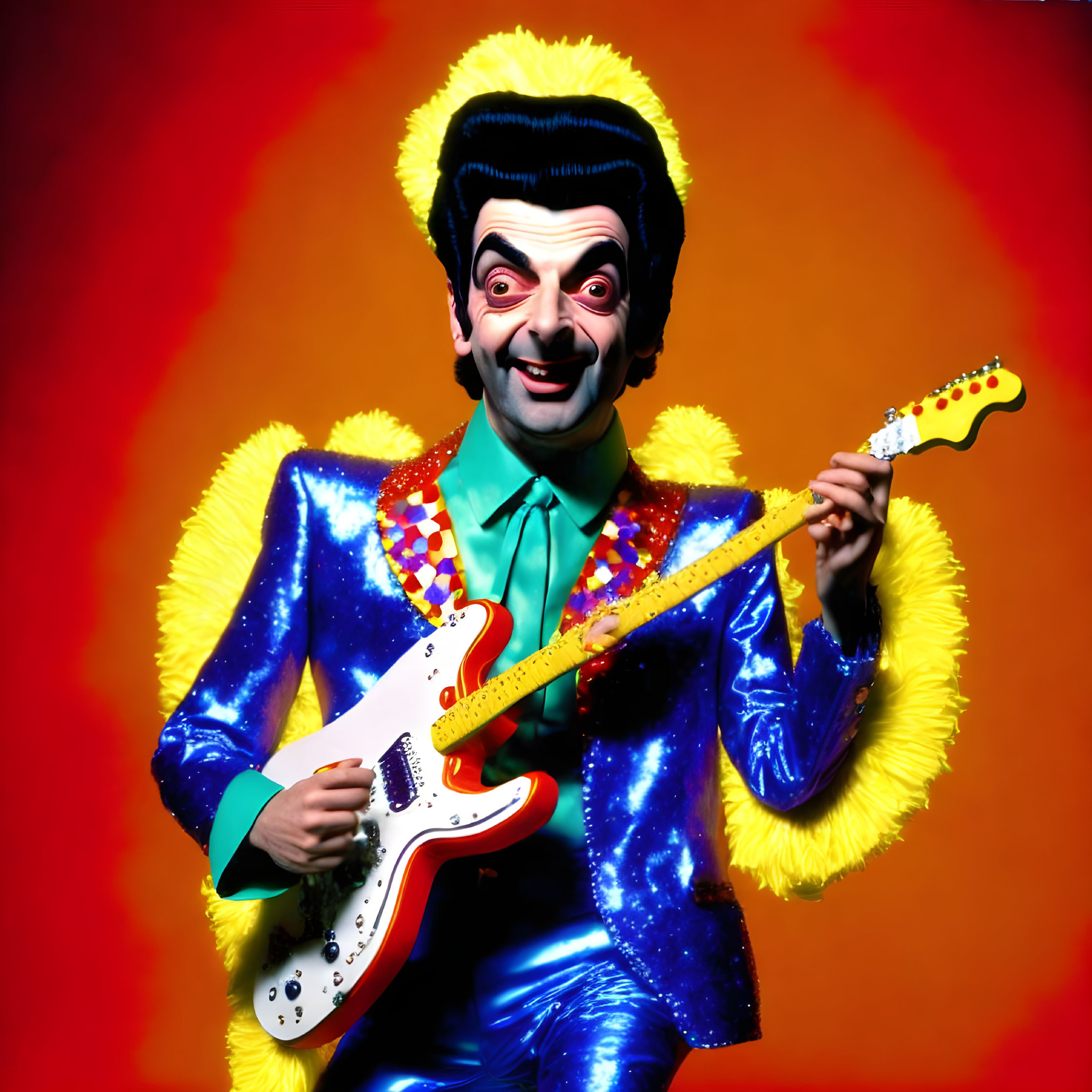 Colorful portrait of person in blue suit with white guitar on orange backdrop