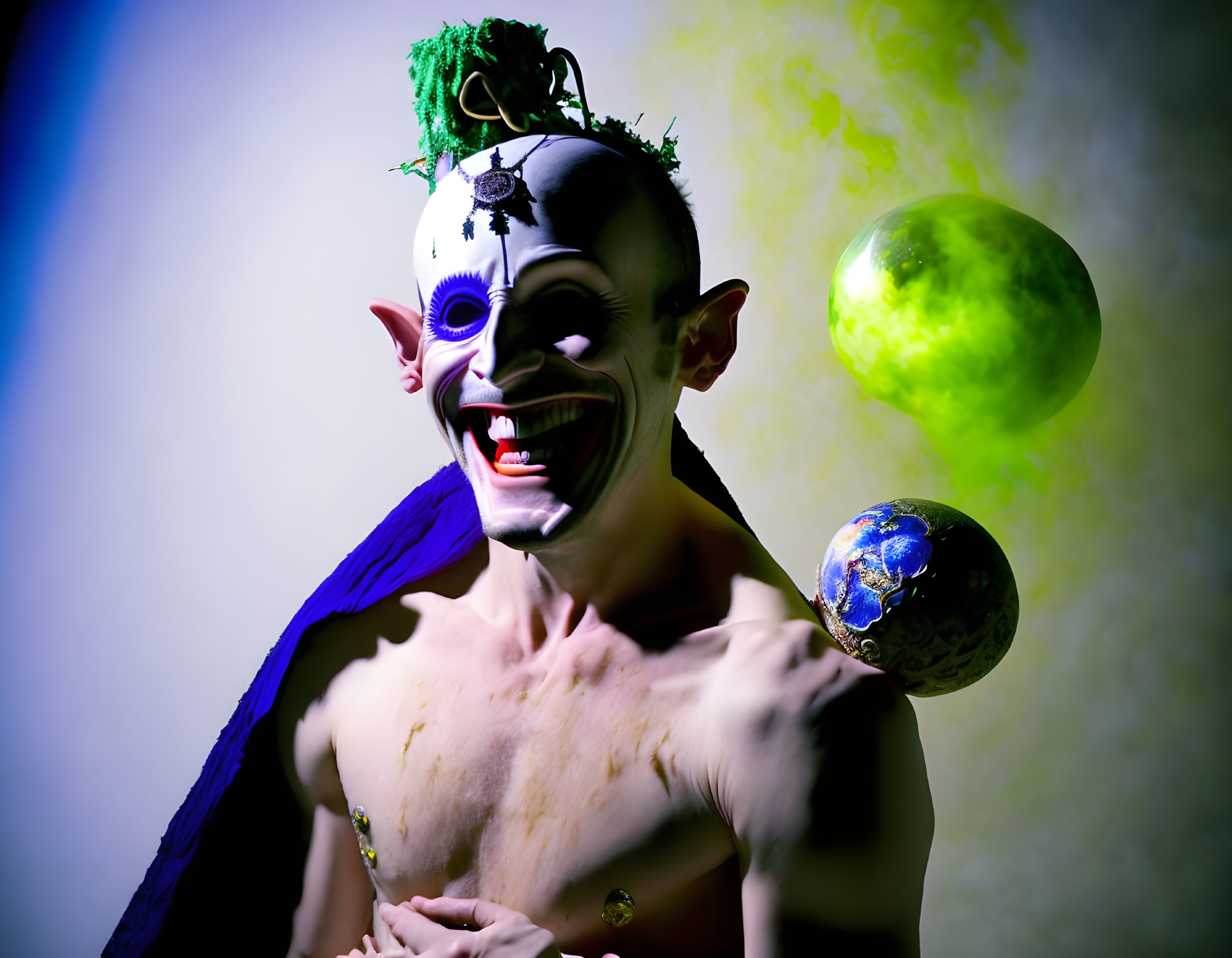 Colorful Clown Juggling Glowing Orbs in Smoky Background