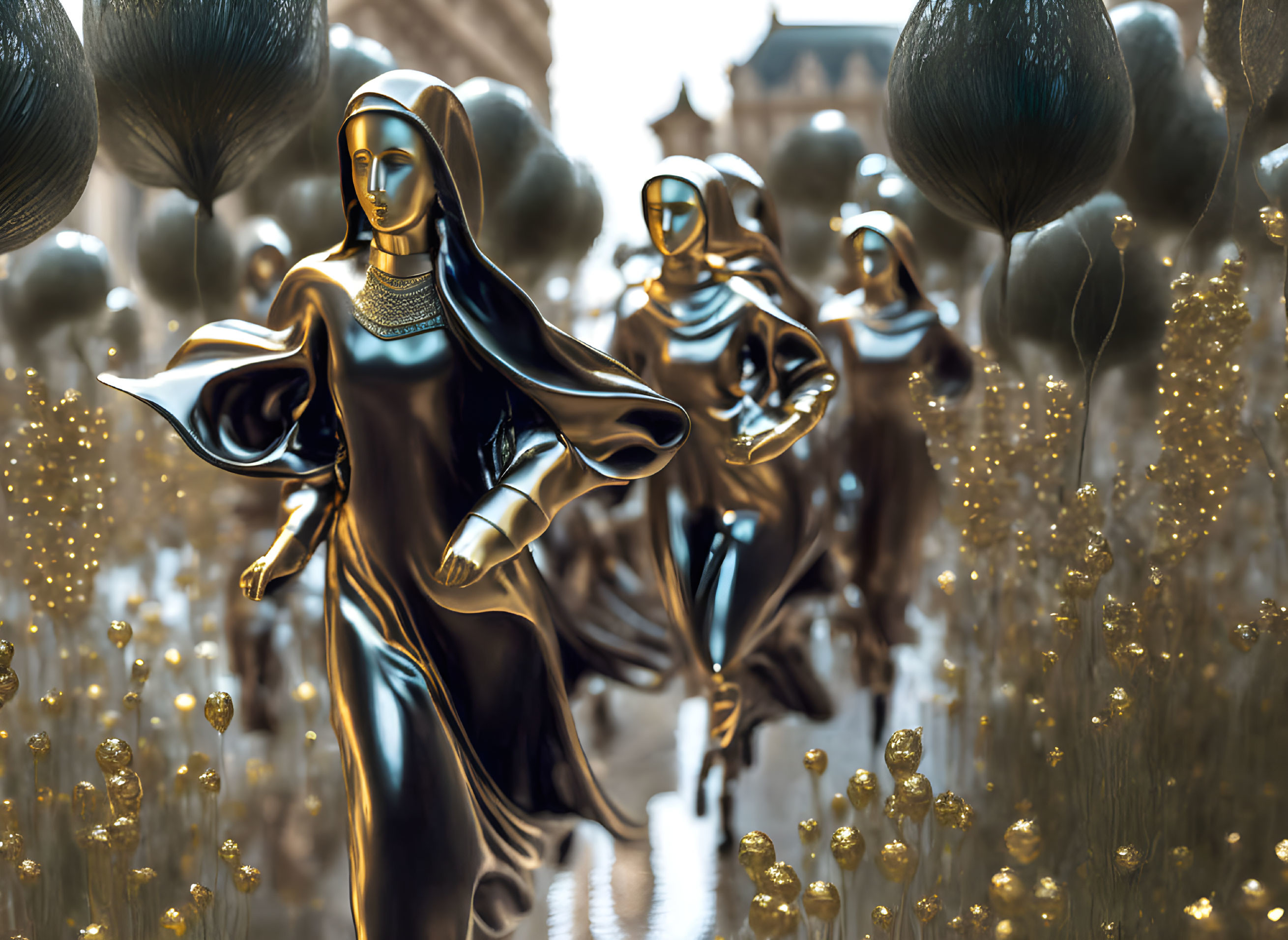 Surreal artwork: statuesque figures, mirrored faces, golden spheres, ethereal lights