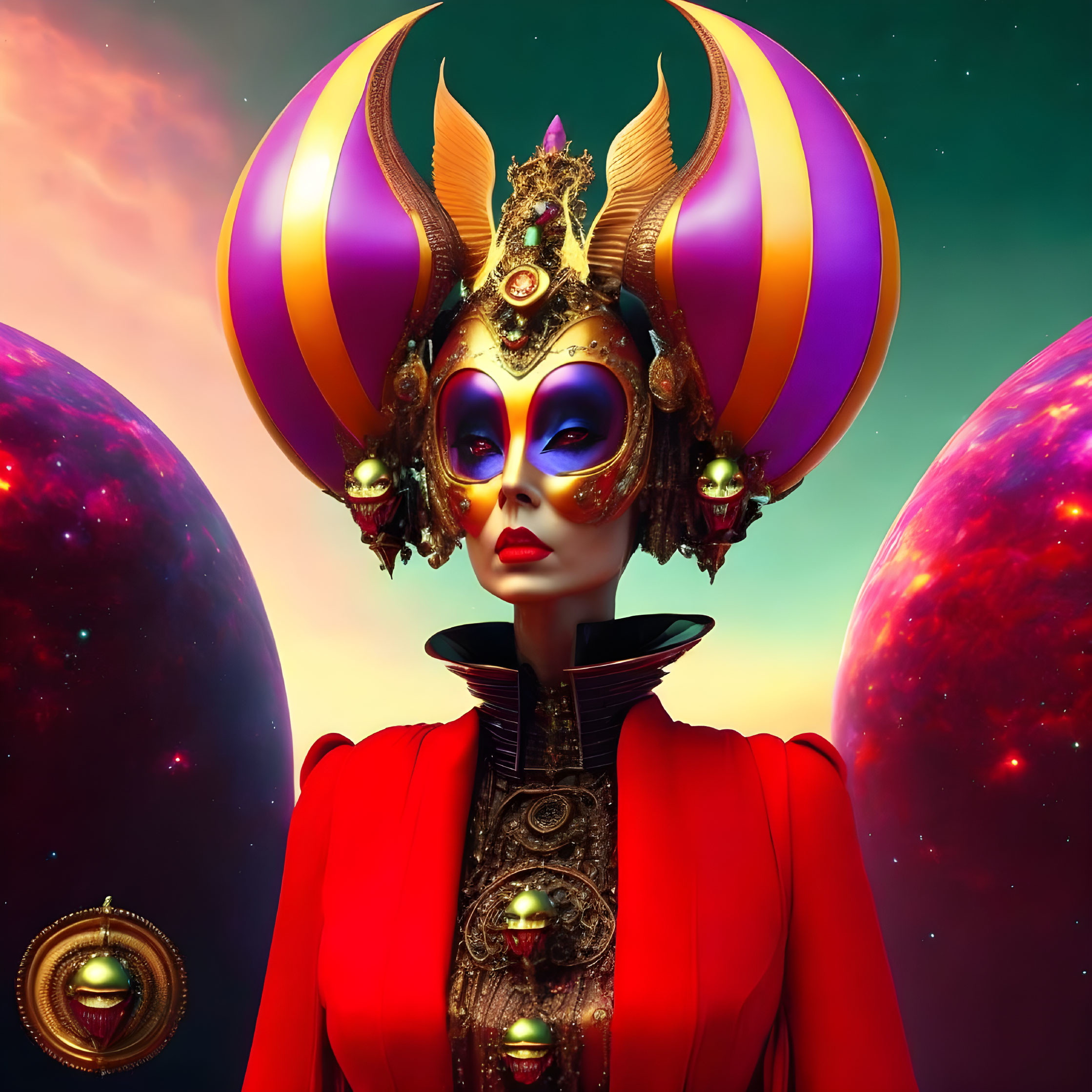 Digital artwork featuring character with golden mask, horns, red cloak, cosmic backdrop & planets