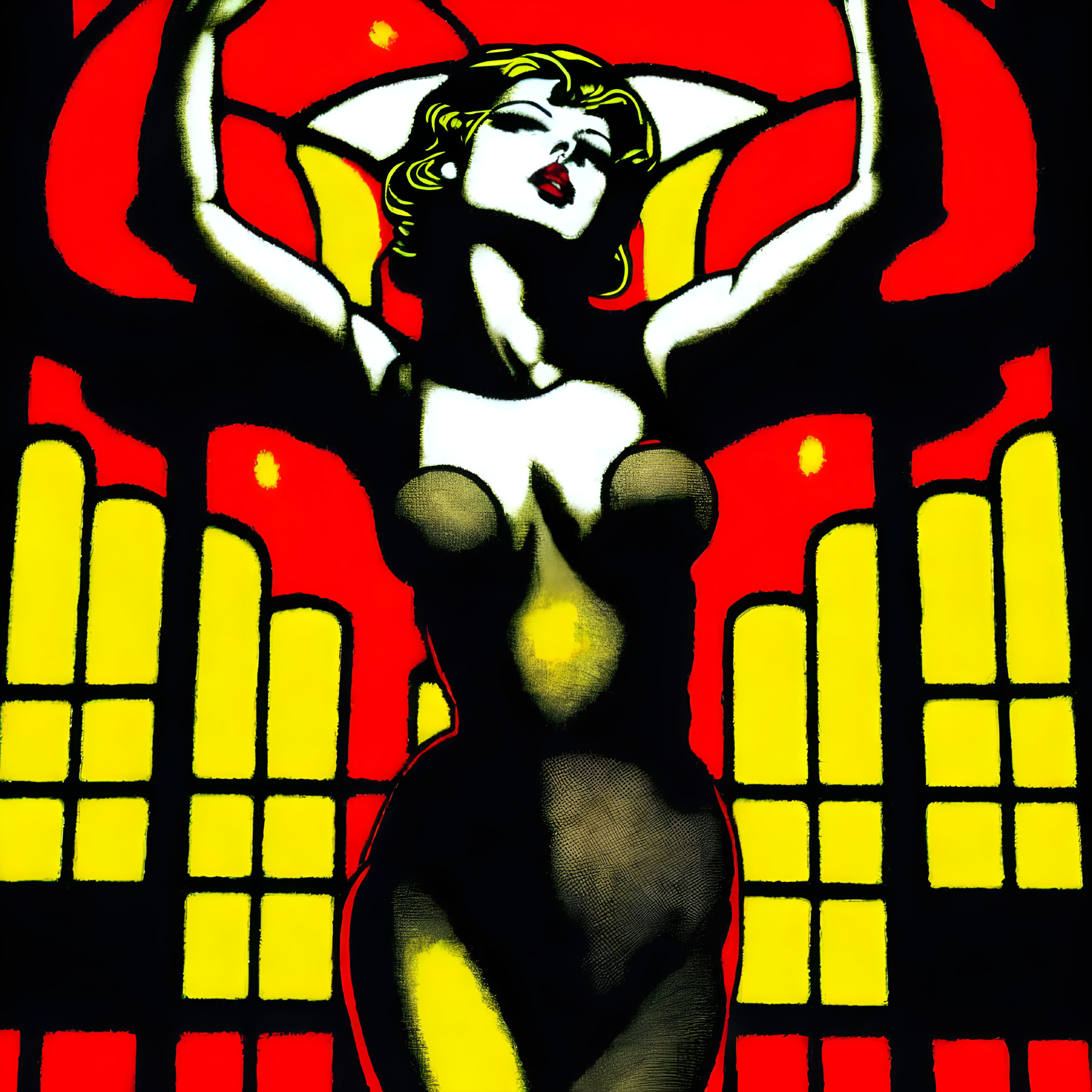 Illustrated woman with dramatic makeup in front of stained-glass window background