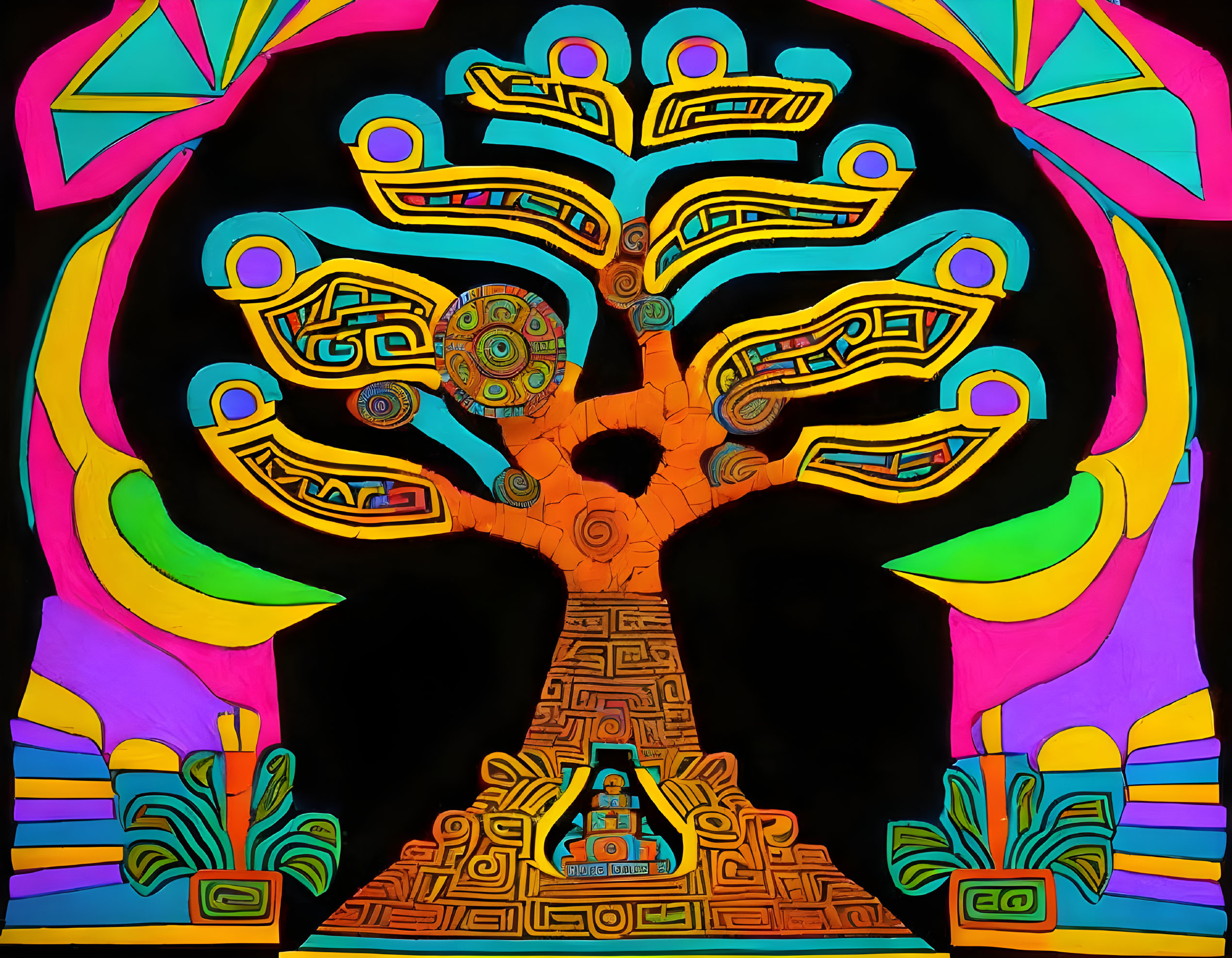 Symmetrical tribal-style tree illustration on black background