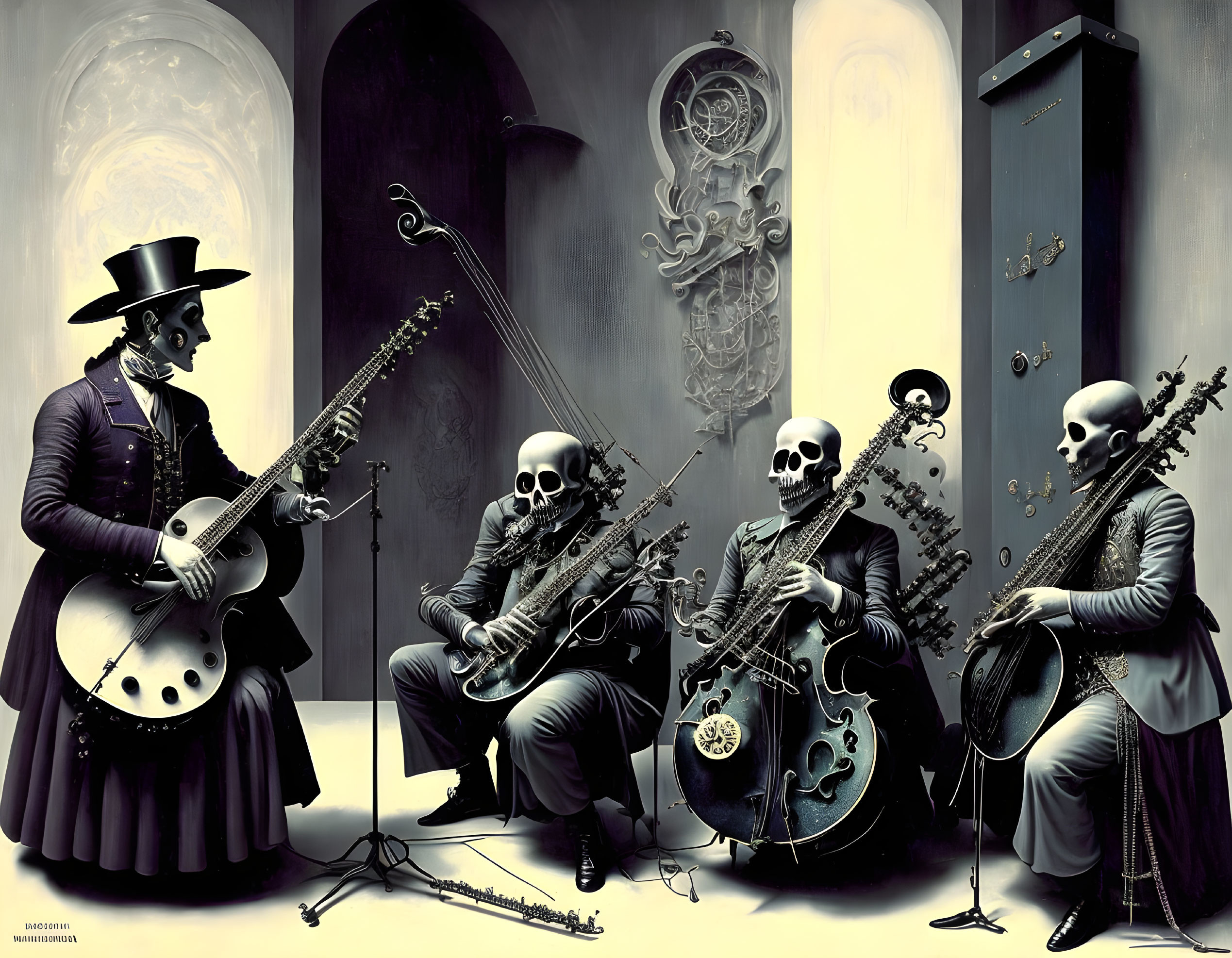 Victorian Skeleton Quartet Playing String Instruments in Gothic Room