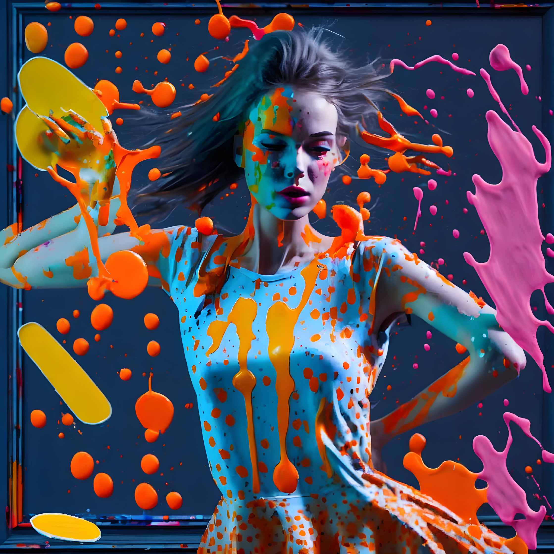 Dynamic poses of a woman in vibrant orange and pink paint on dark background