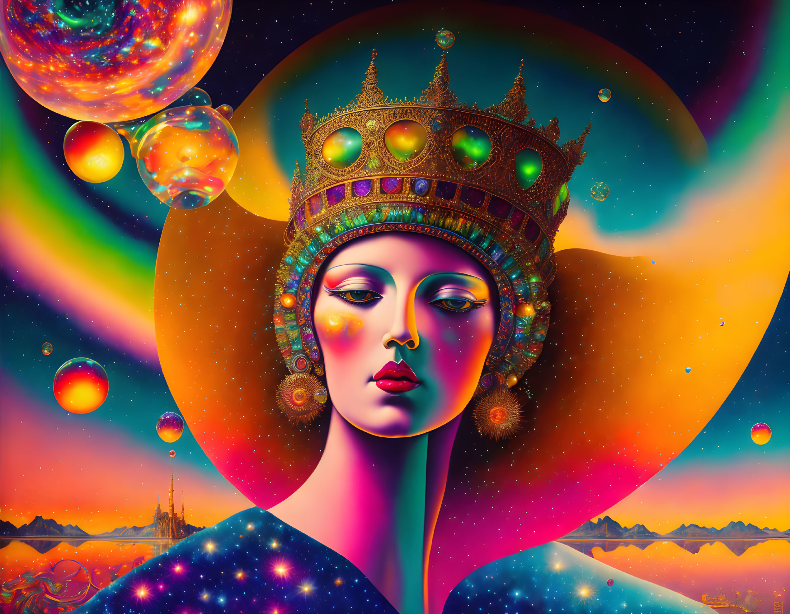 Surreal portrait of a woman with crown in cosmic setting