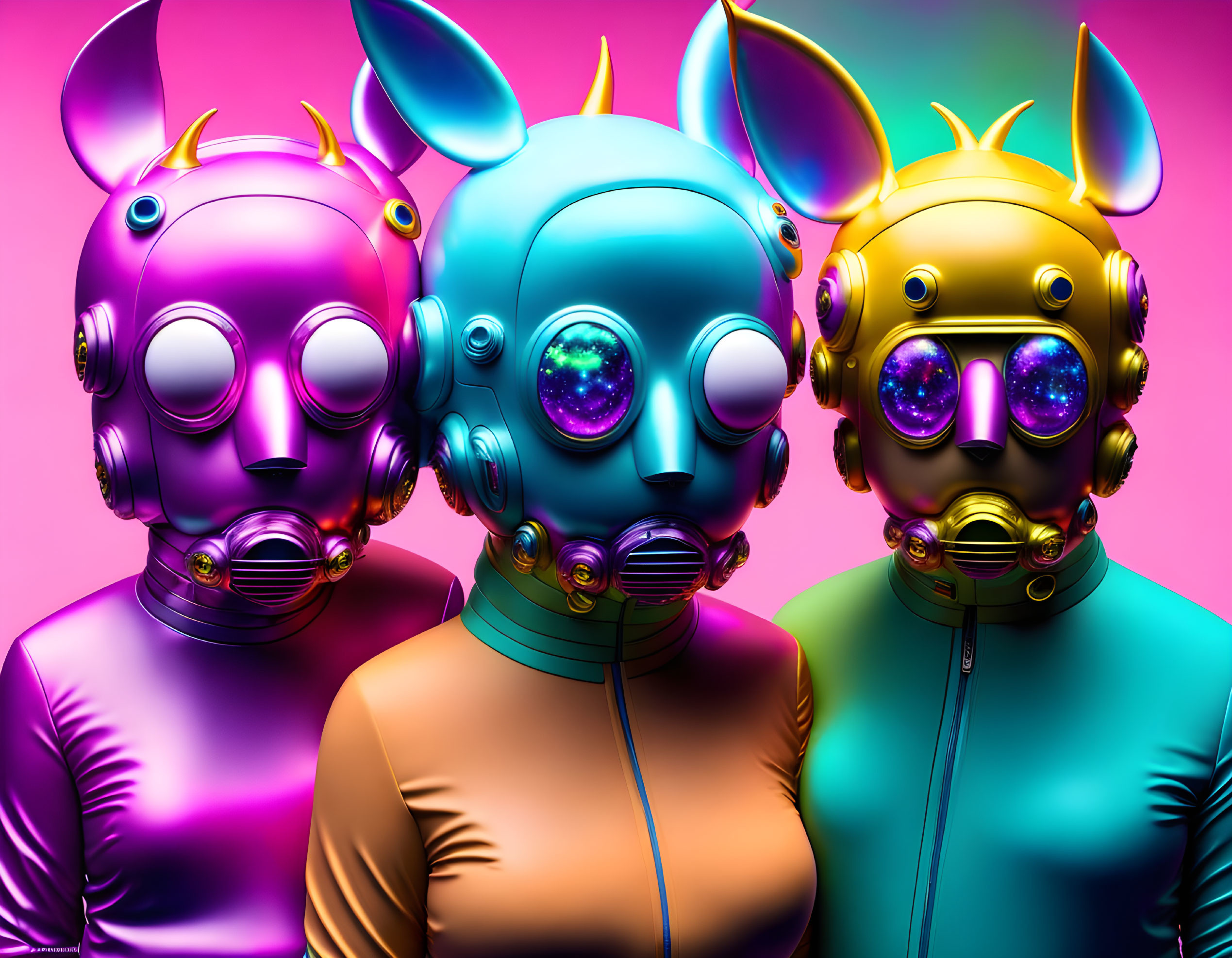 Three individuals in futuristic attire with robotic mouse ears and visors on vibrant backdrop.