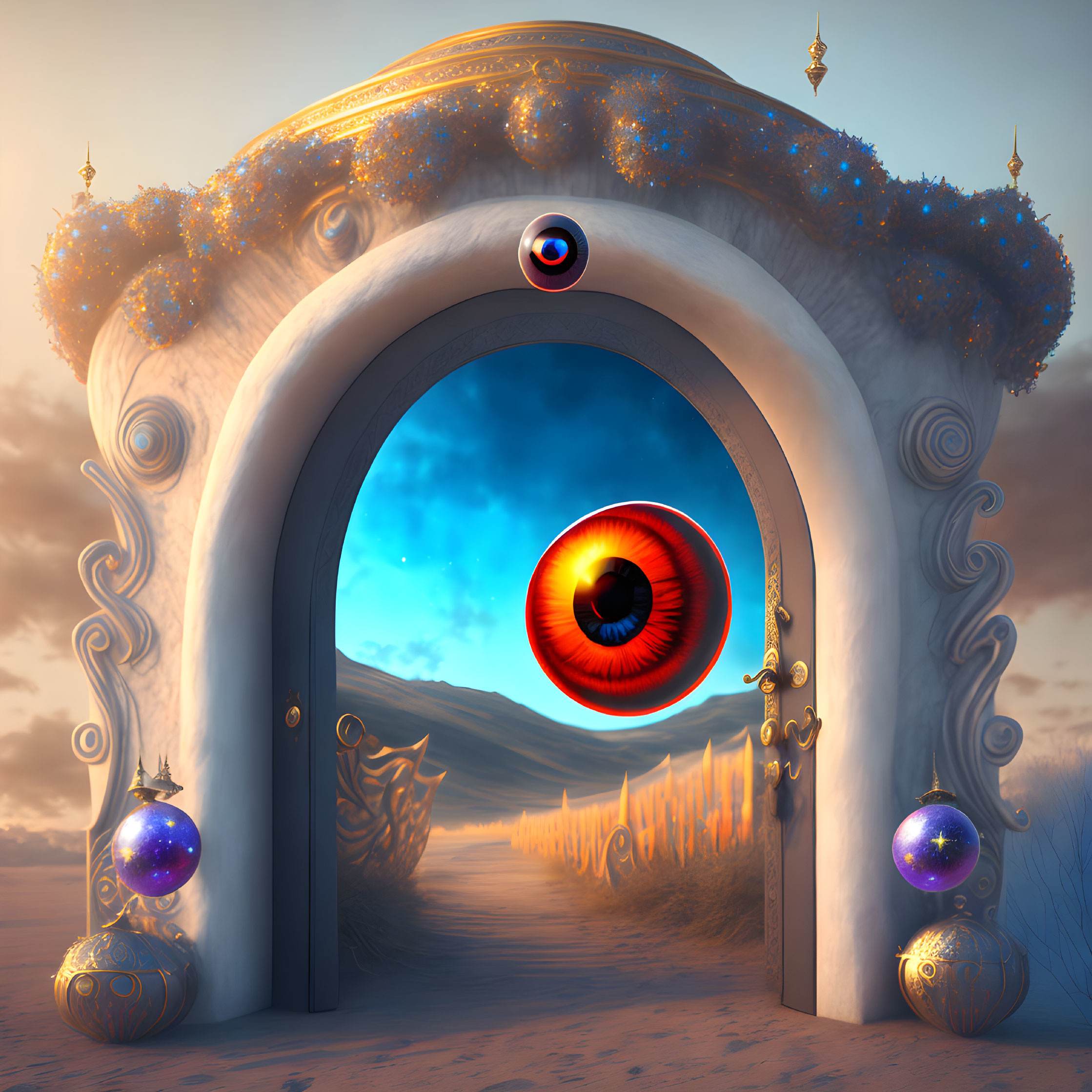 Mystical gate with cosmic elements and floating eye in desert dusk