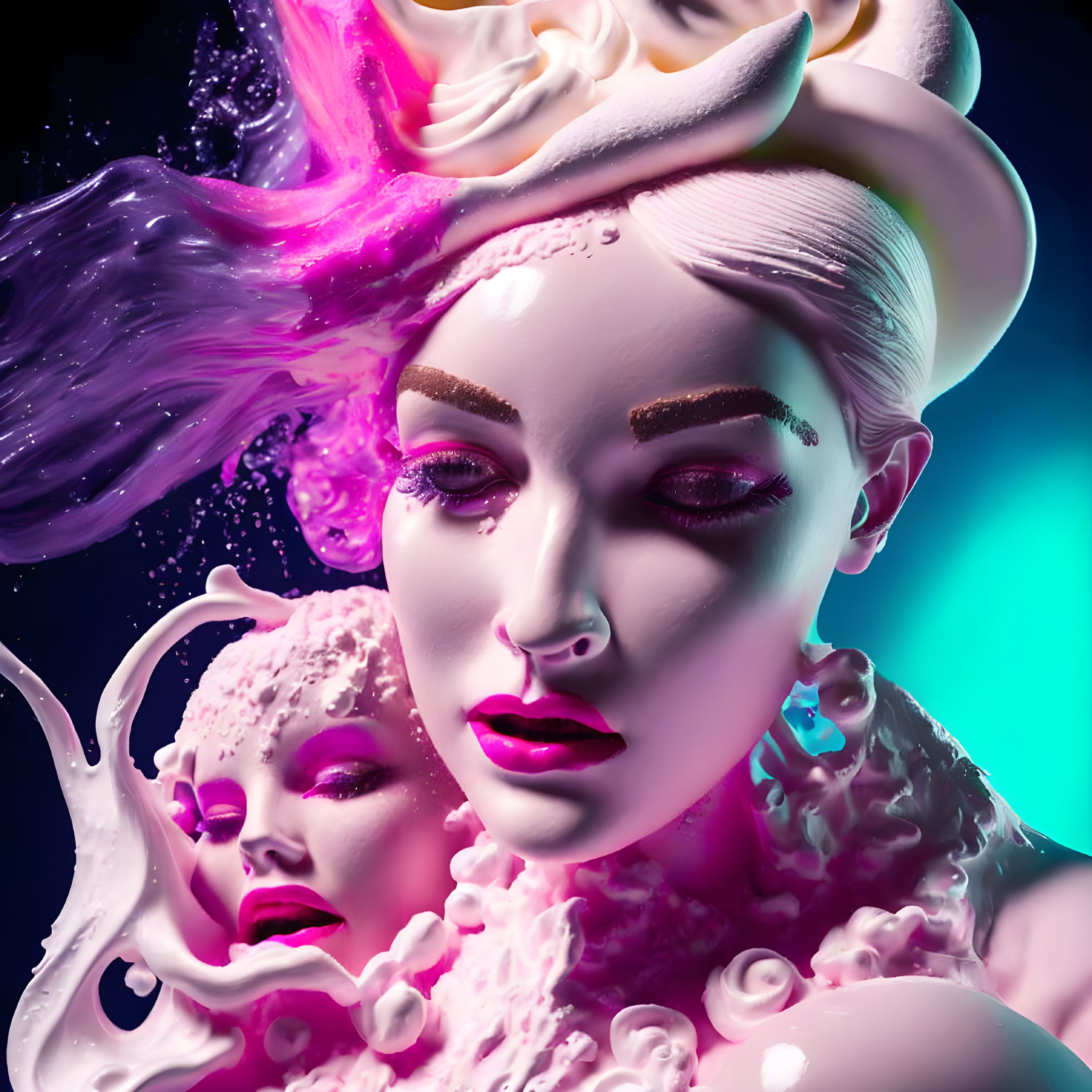 Vibrant pink and purple surreal portrait of a woman with multiple faces and liquid-like elements