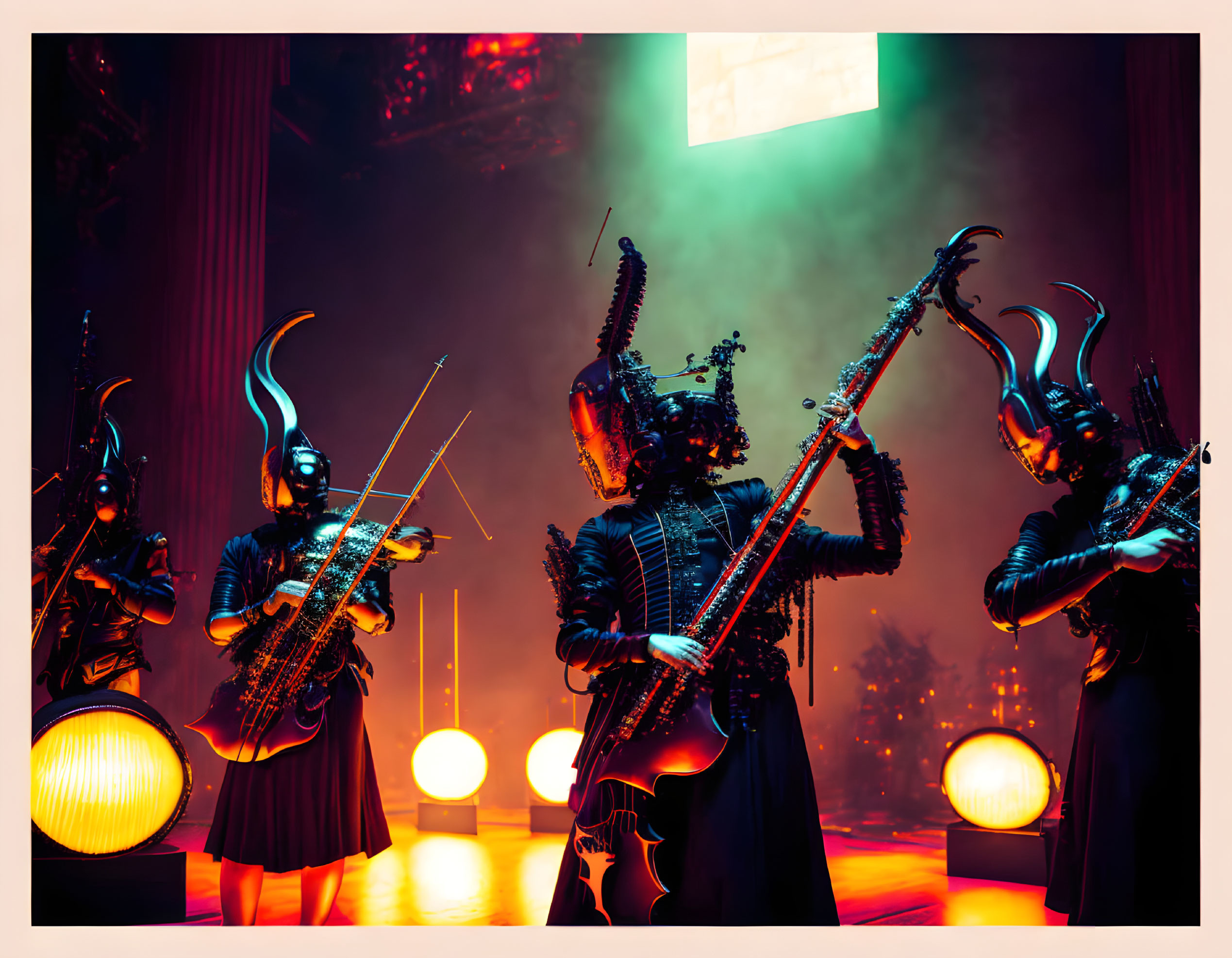 Elaborate horned costumes on string instrument players in moody stage setting